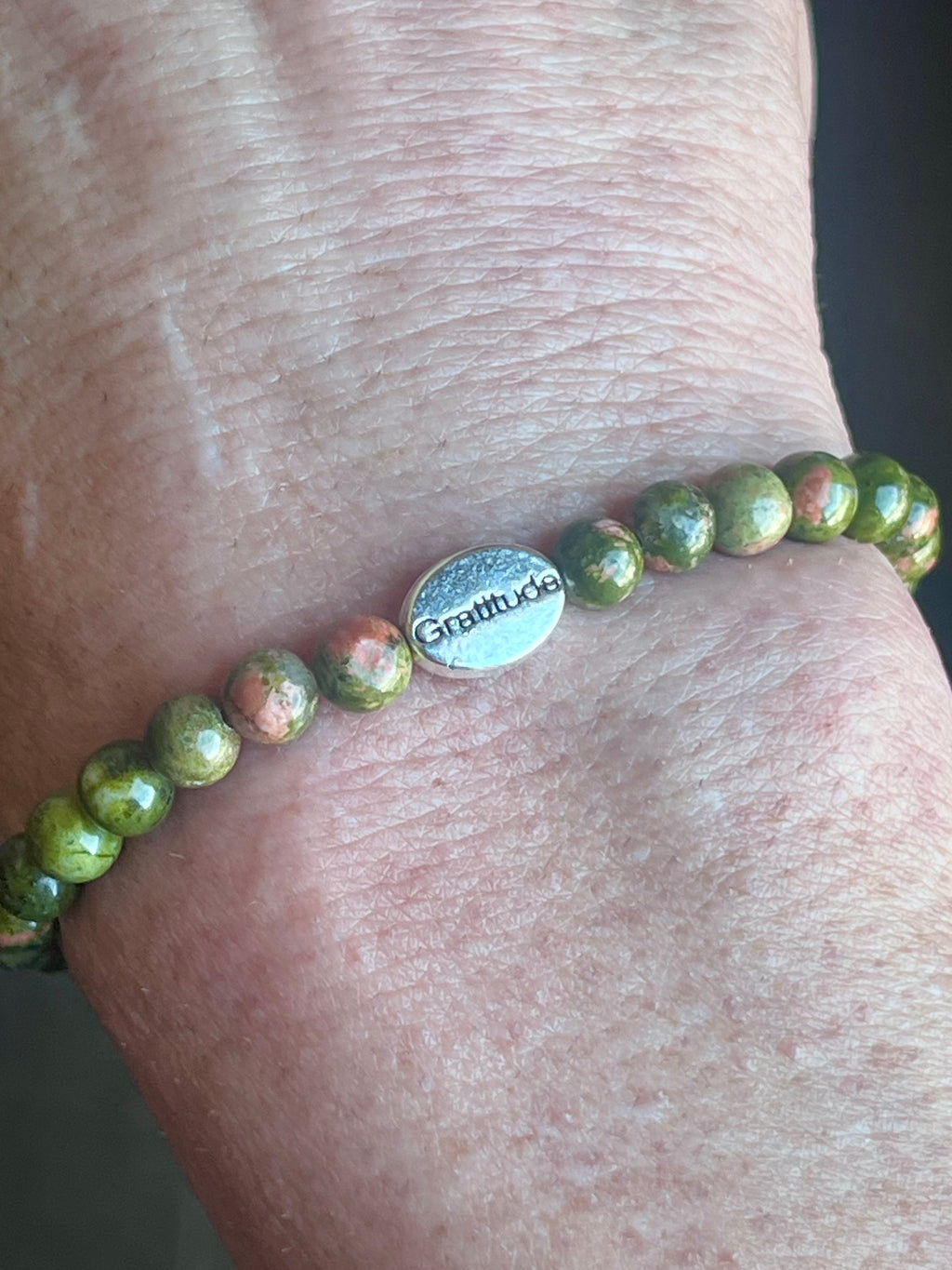 Recovery themed bracelets - Unakite smooth round 6mm bead stretch bracelets w/ focal bead Clean & Serene (silver), Gratitude (silver), Just For Today (gold), NA symbol (silver)