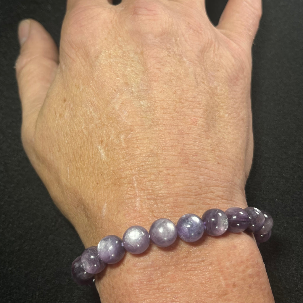 Lilac Lepidolite smooth round 9mm bead stretch bracelet