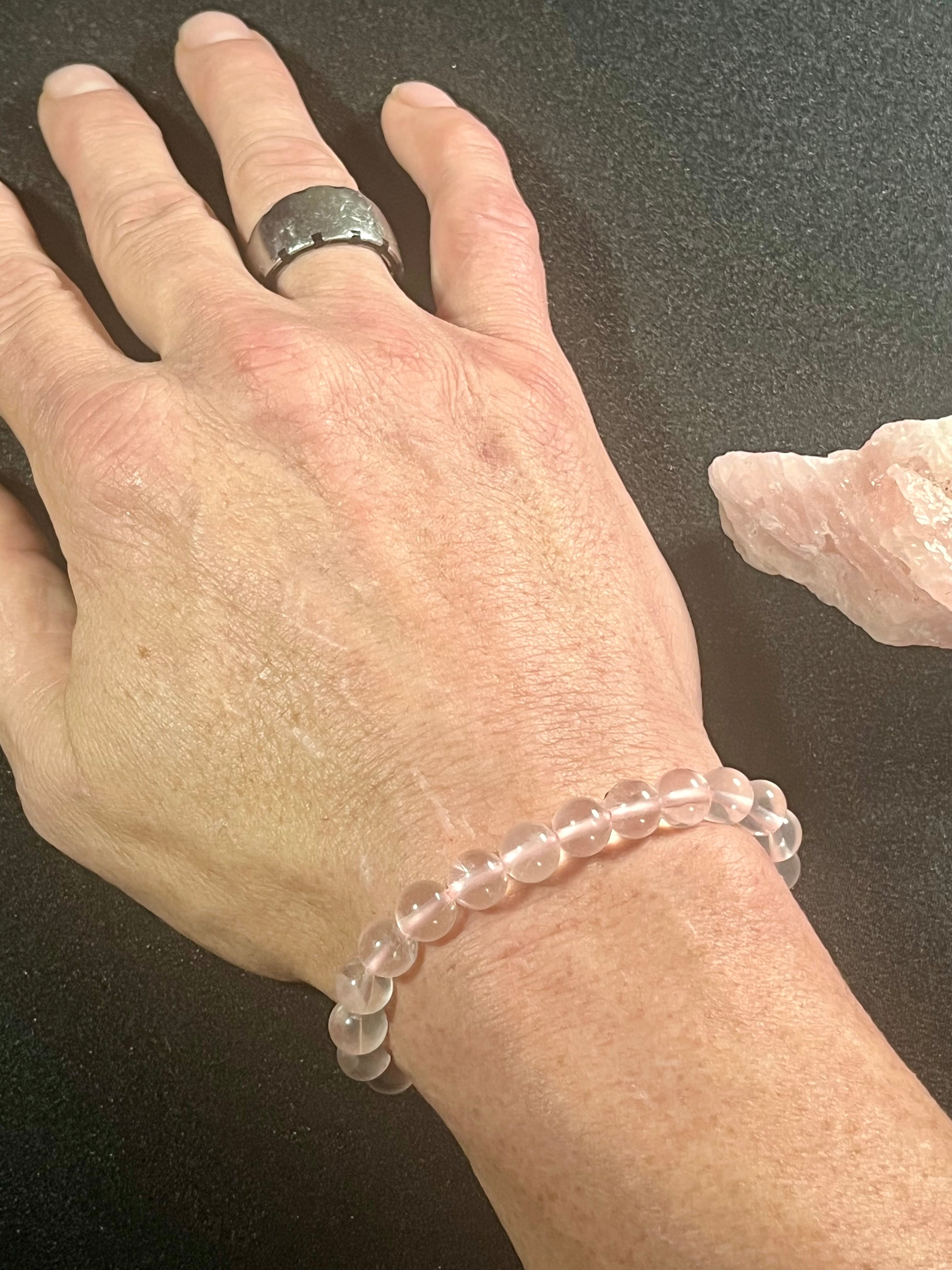 Icy Pink Rose Quartz smooth round 6mm and 8mm bead stretch bracelet; October birthstone