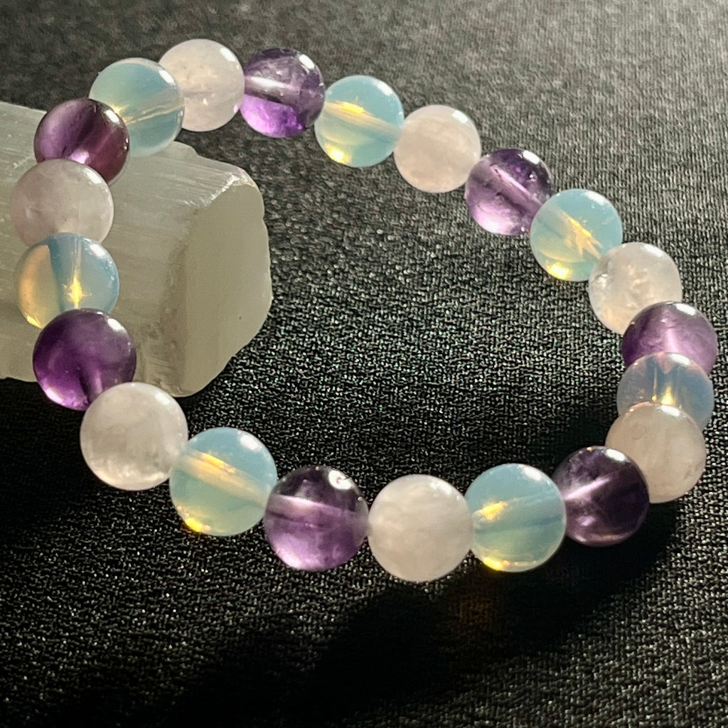 Rose Quartz, Amethyst, Opalite smooth round 6mm and 8mm bead stretch bracelet