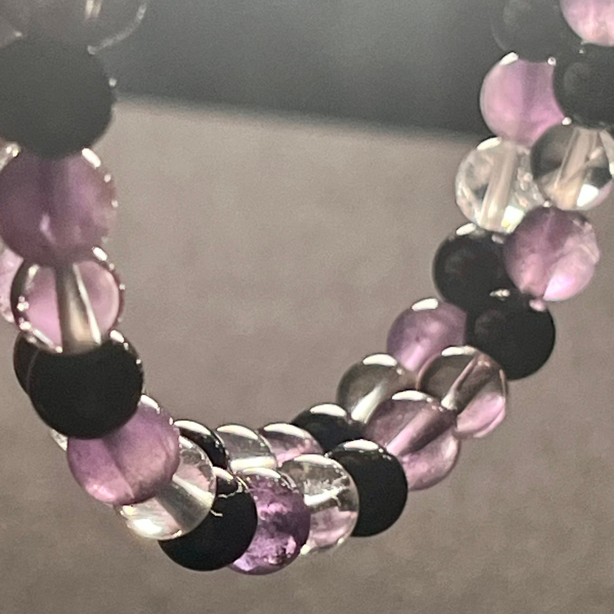 Amethyst, Black Tourmaline, & Rock Crystal Quartz smooth round 6mm bead stretch bracelet