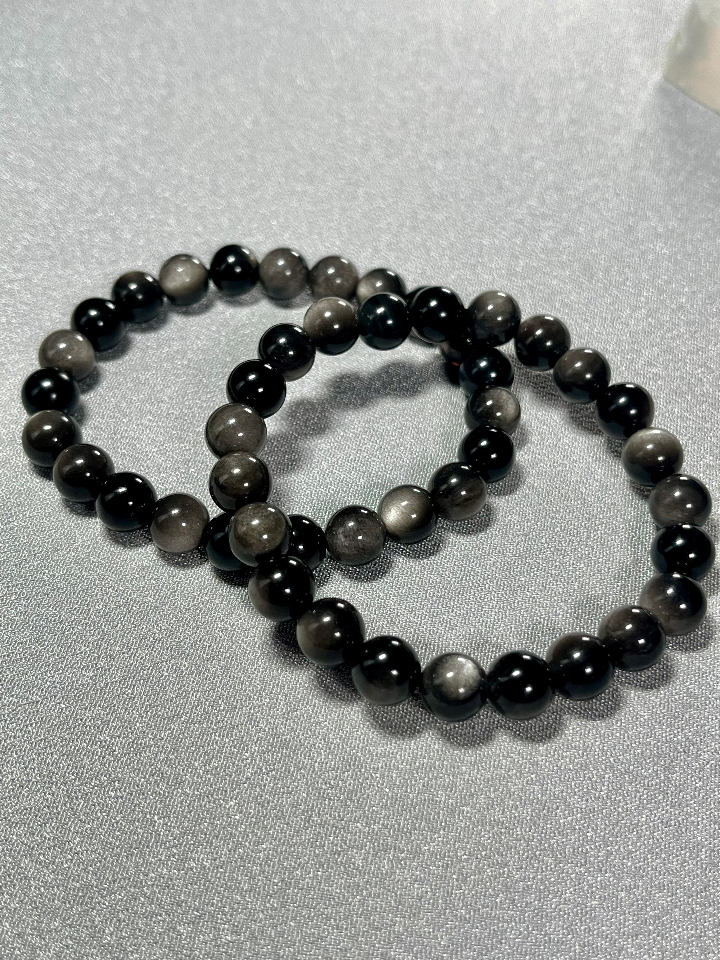 Silver Sheen Obsidian smooth round 8mm bead stretch bracelet
