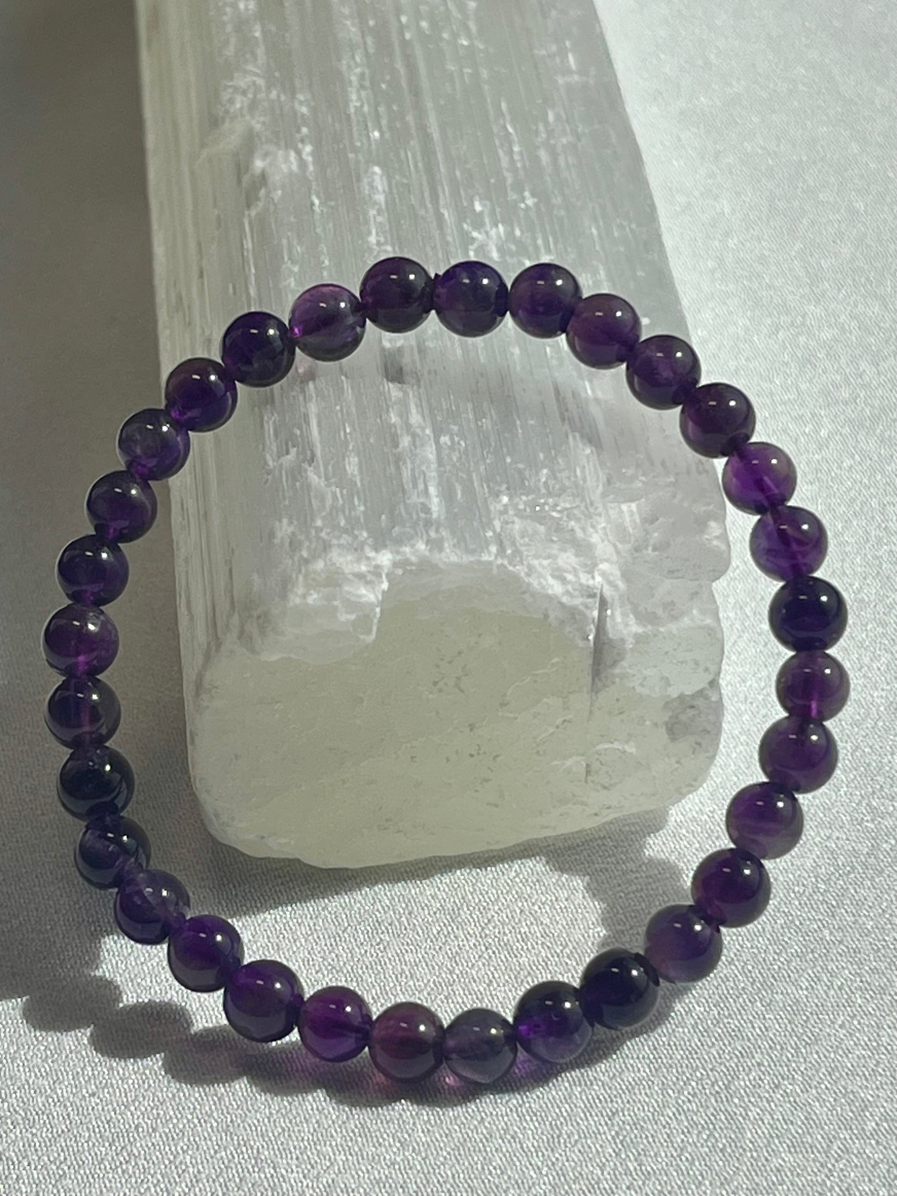 Amethyst (dark) smooth round 6mm, 8mm bead stretch bracelet; February birthstone