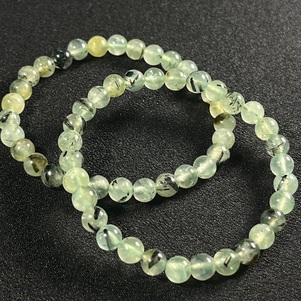 Prehnite w/ Epidote inclusions smooth round 6mm bead stretch bracelet (AAA grade)