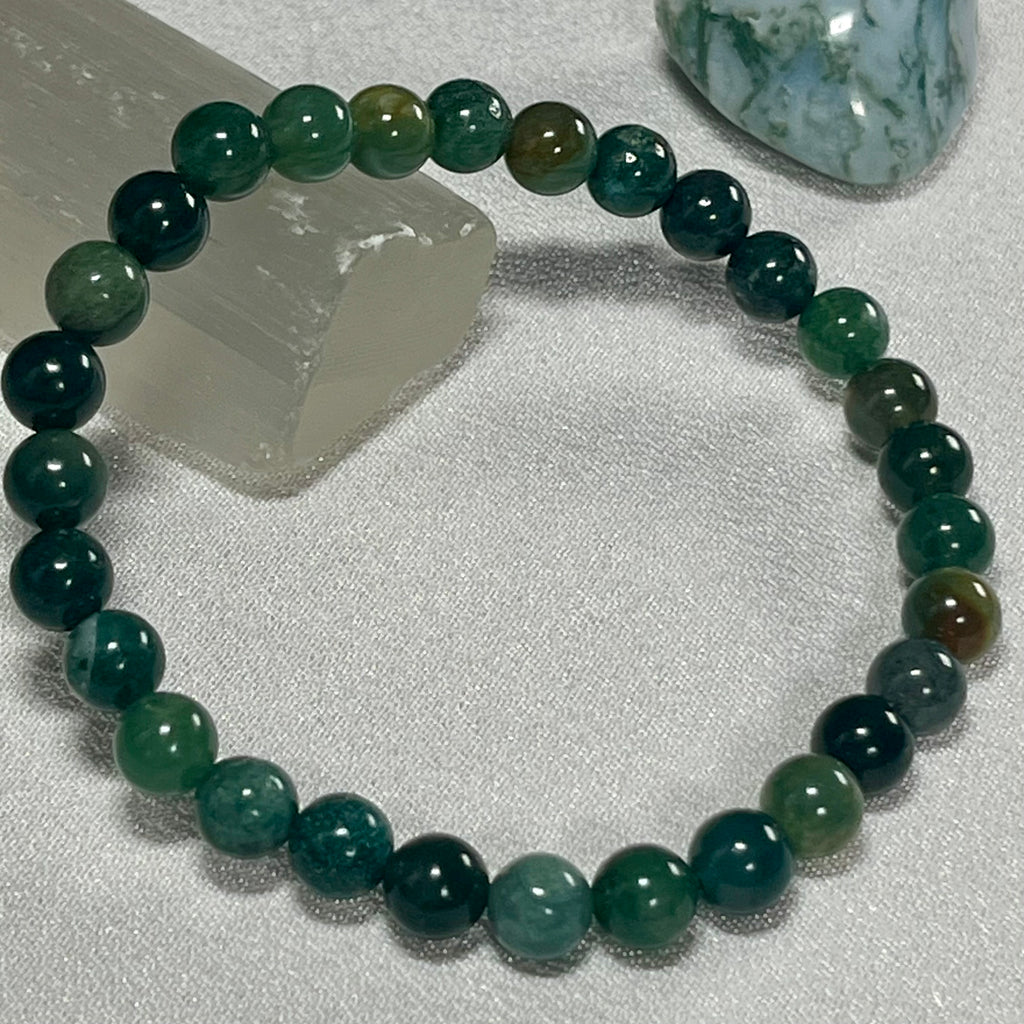 Moss Agate smooth round 4mm, 6.5mm and 8.5mm bead stretch bracelet
