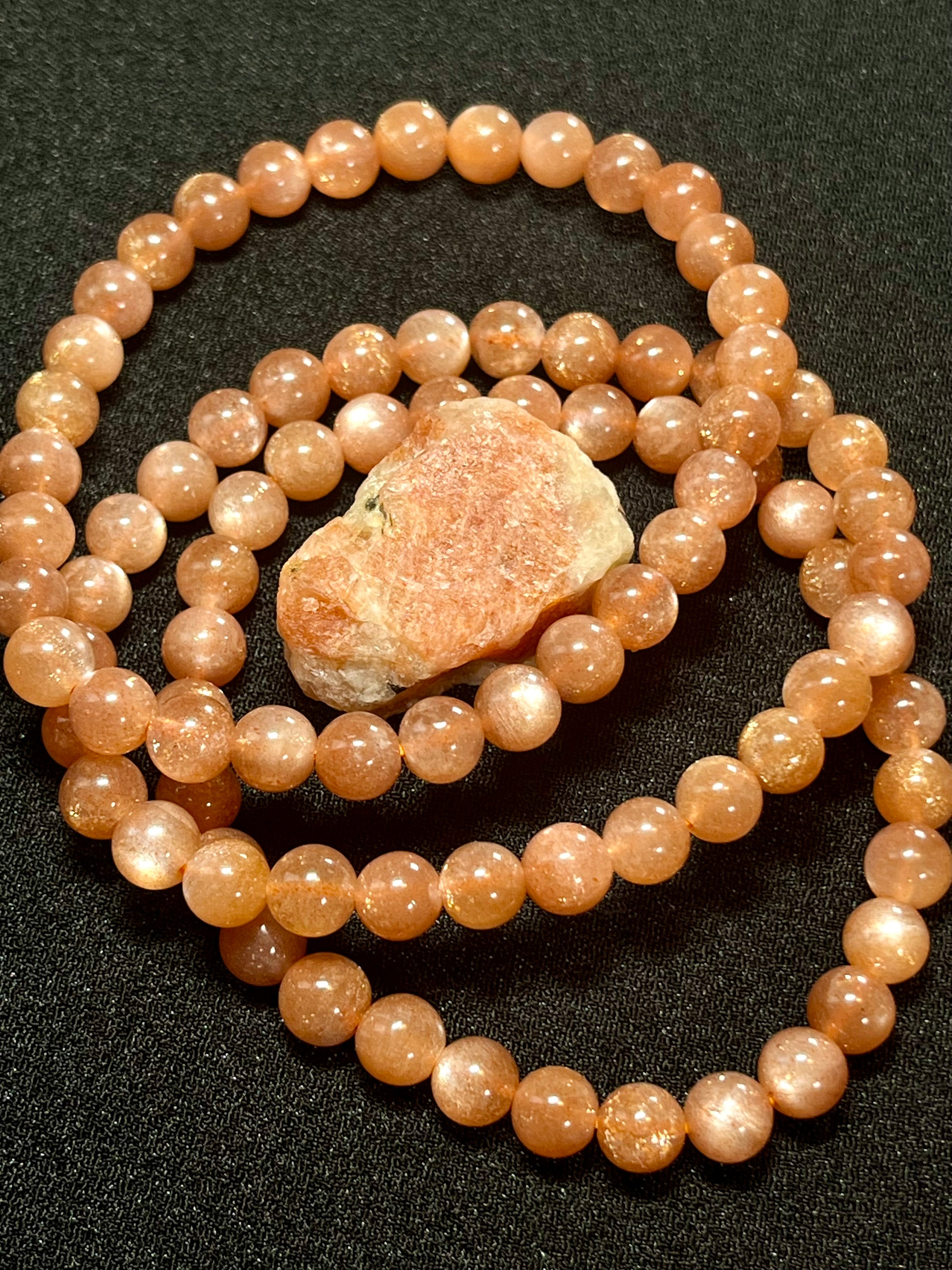 Sunstone smooth round 6mm bead w/ Moonstone adularescence flash stretch bracelet (AAA grade)