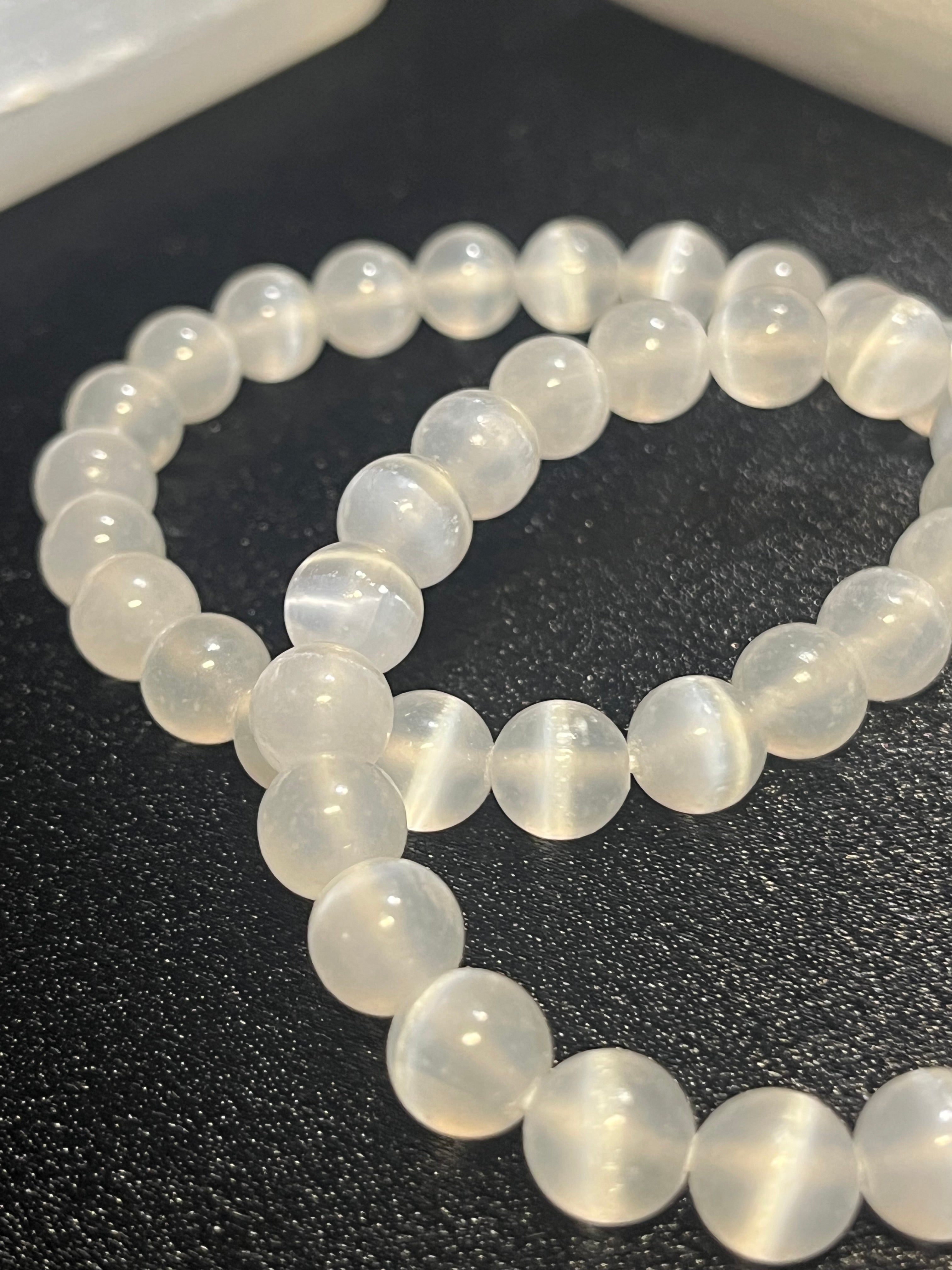 Selenite smooth round 8mm bead stretch bracelet (premium grade)