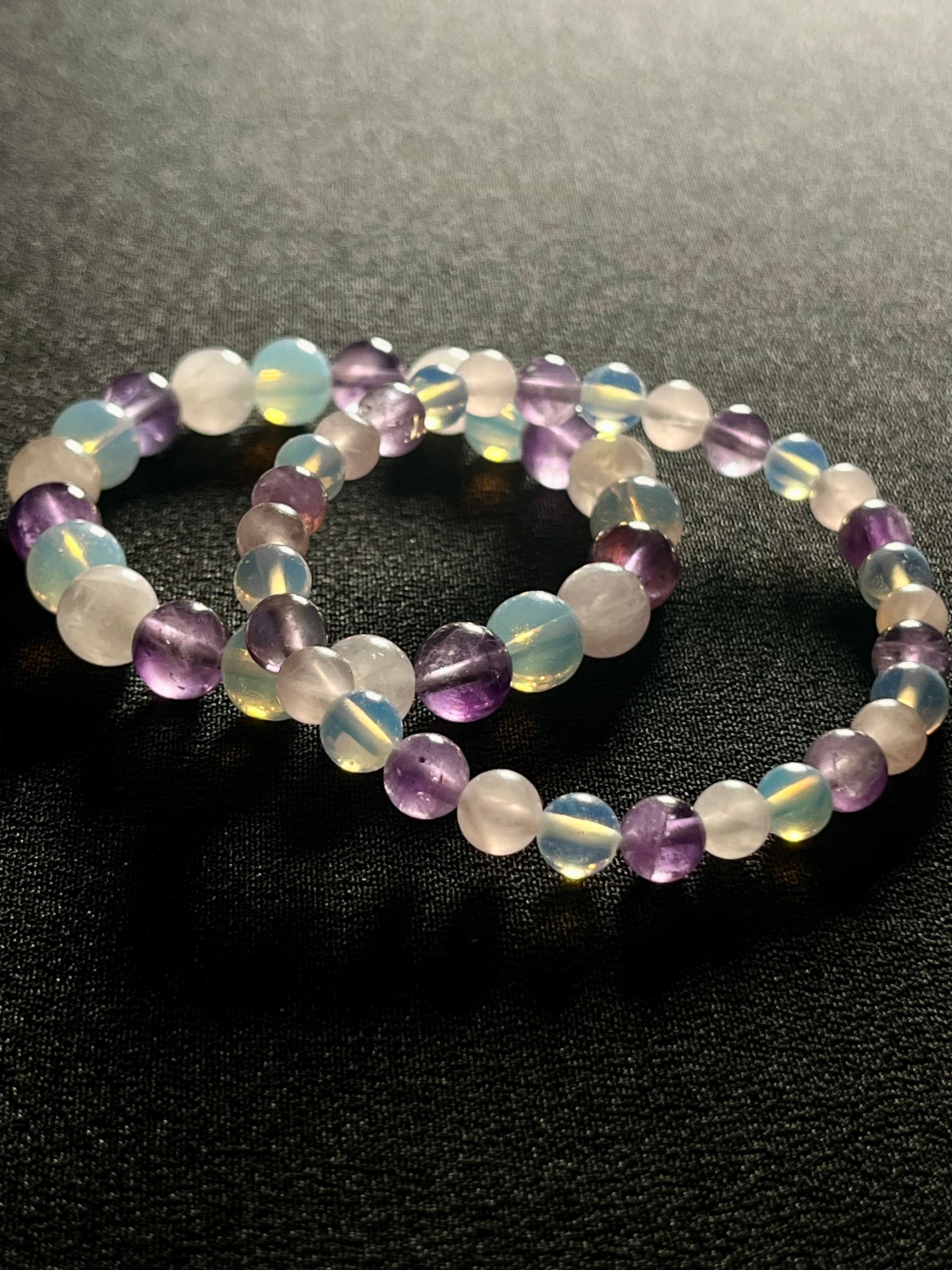 Rose Quartz, Amethyst, Opalite smooth round 6mm and 8mm bead stretch bracelet