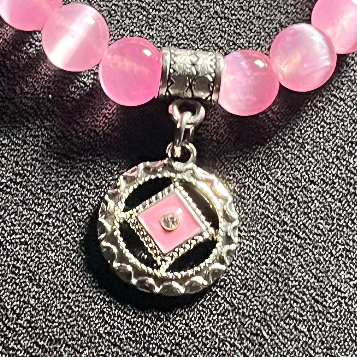 Pink Selenite smooth round 8mm bead w/ pink-in-silver Narcotics Anonymous symbol charm recovery bracelet