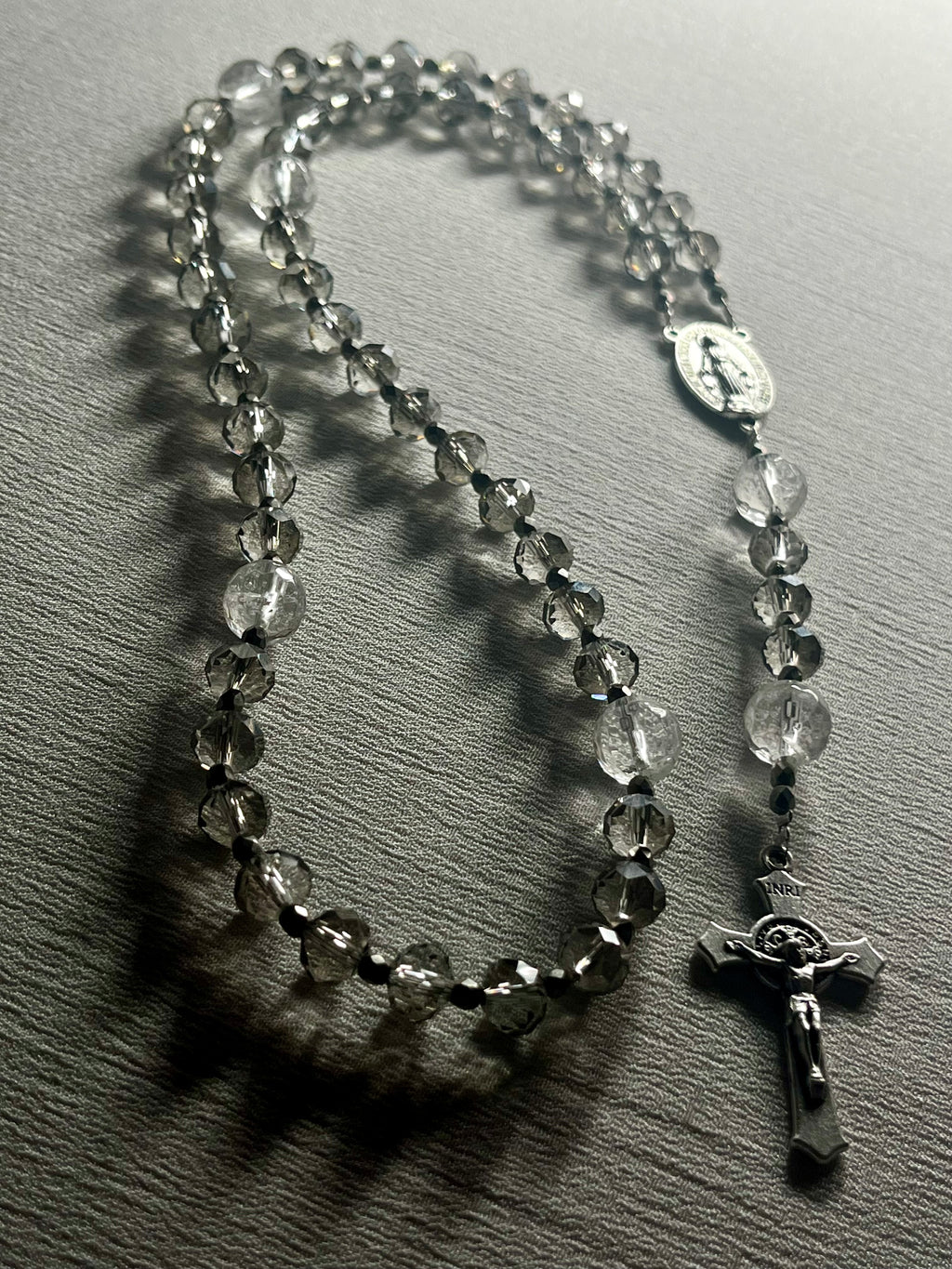 Catholic Rosary - Czech Glass Silver Champagne faceted 8mm rondelles Hail Mary beads w/ Clear Crystal Quartz 10mm Our Father beads