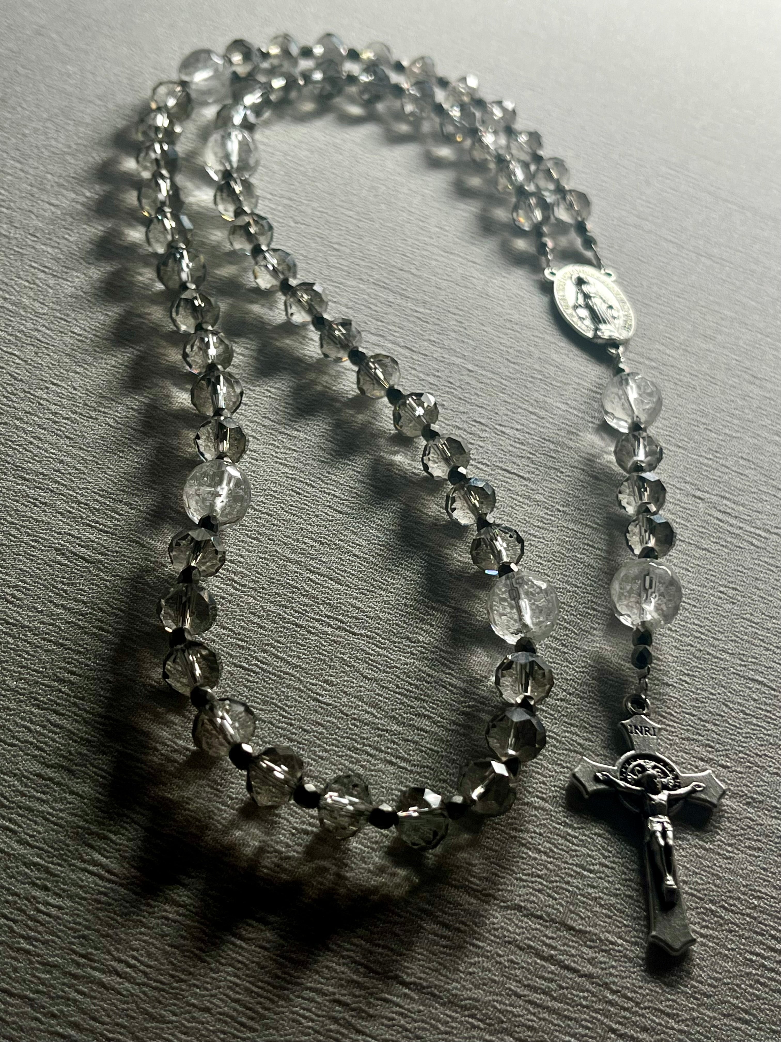 Catholic Rosary - Czech Glass Silver Champagne faceted 8mm rondelles Hail Mary beads w/ Clear Crystal Quartz 10mm Our Father beads
