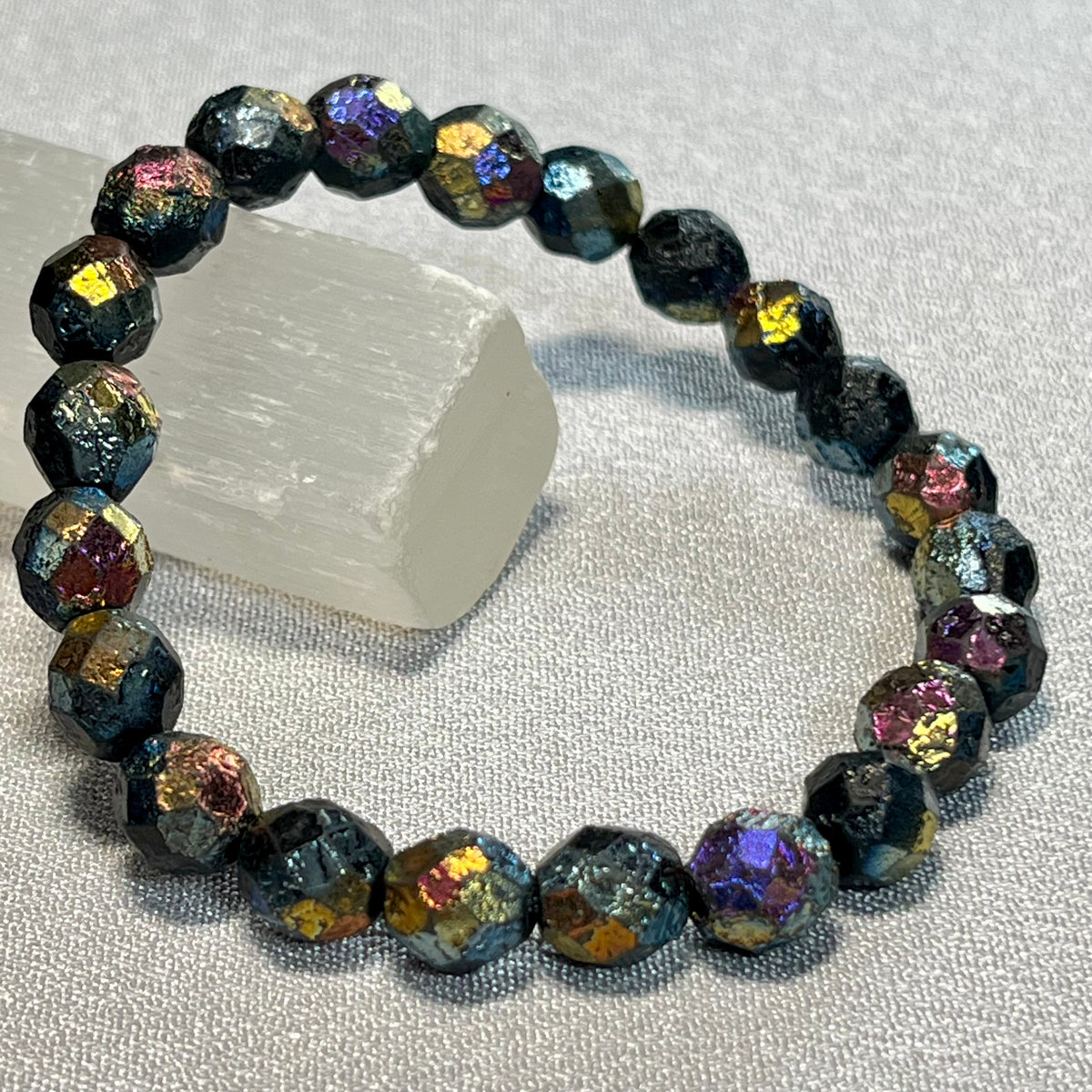 Czech Glass matte textured Jet Black Rainbow AB Fire Polished round 8mm bead stretch bracelet