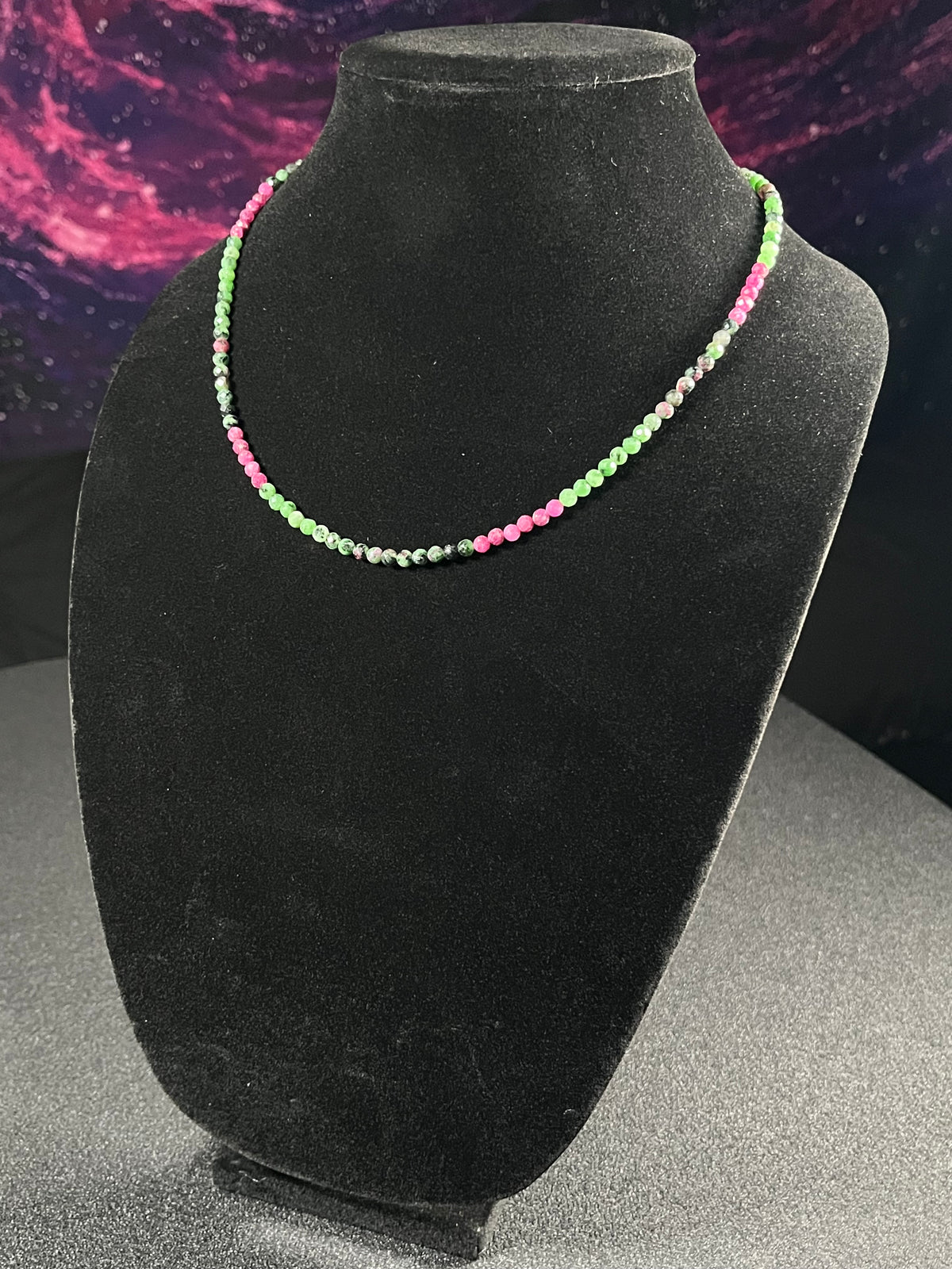 Ruby Zoisite ombre style faceted round 4mm bead 22” adjustable necklace w/ silver clasp & extension chain; traditional July birthstone (Ruby)