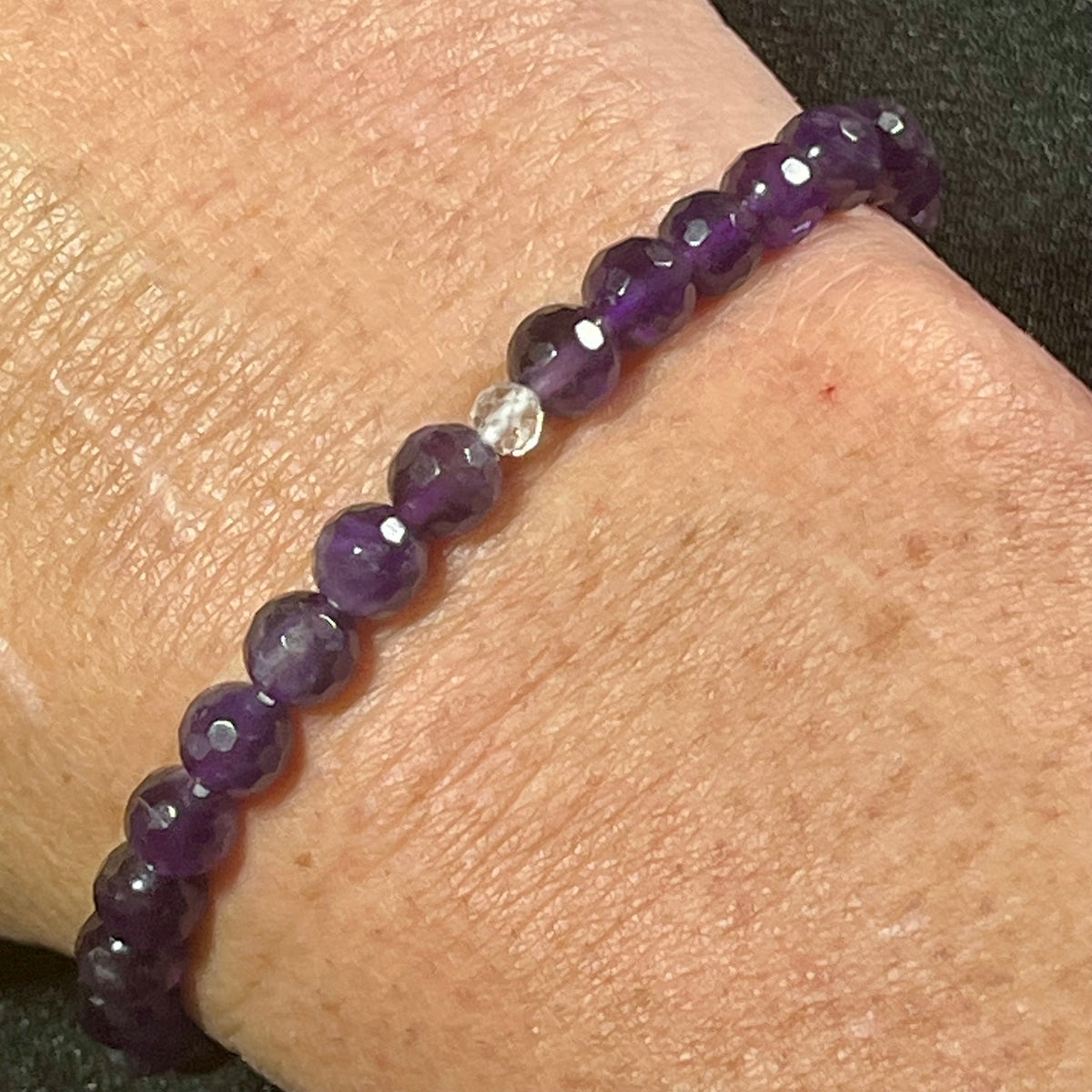 Amethyst (dark) faceted round 6mm bead stretch bracelet w/4mm microfaceted Clear Quartz spacer