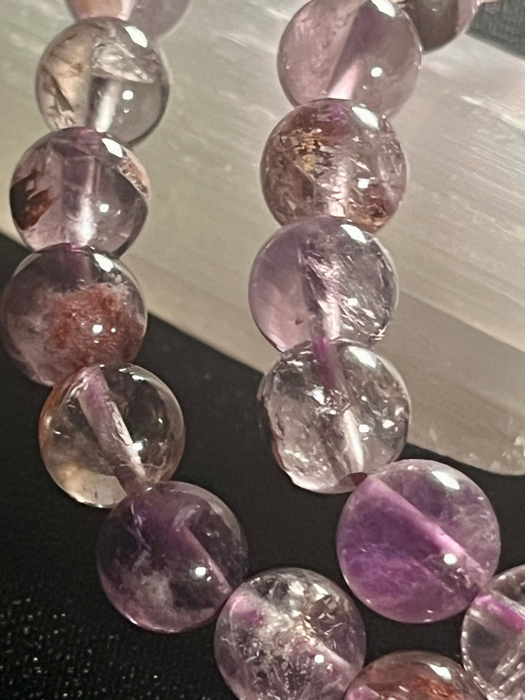 Purple Ghost Quartz (Phantom Quartz) smooth round 8mm bead stretch bracelet