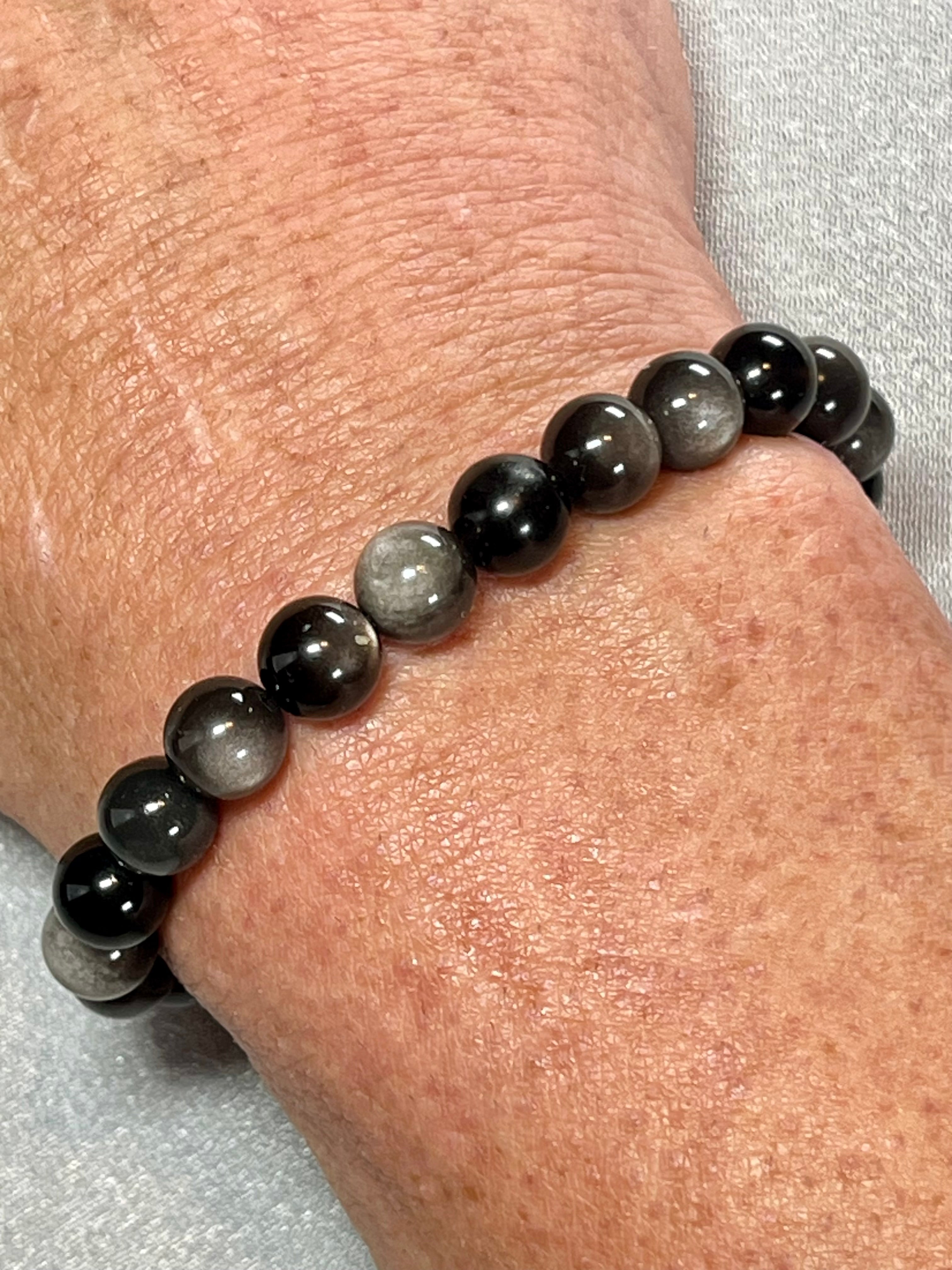 Silver Sheen Obsidian smooth round 8mm bead stretch bracelet