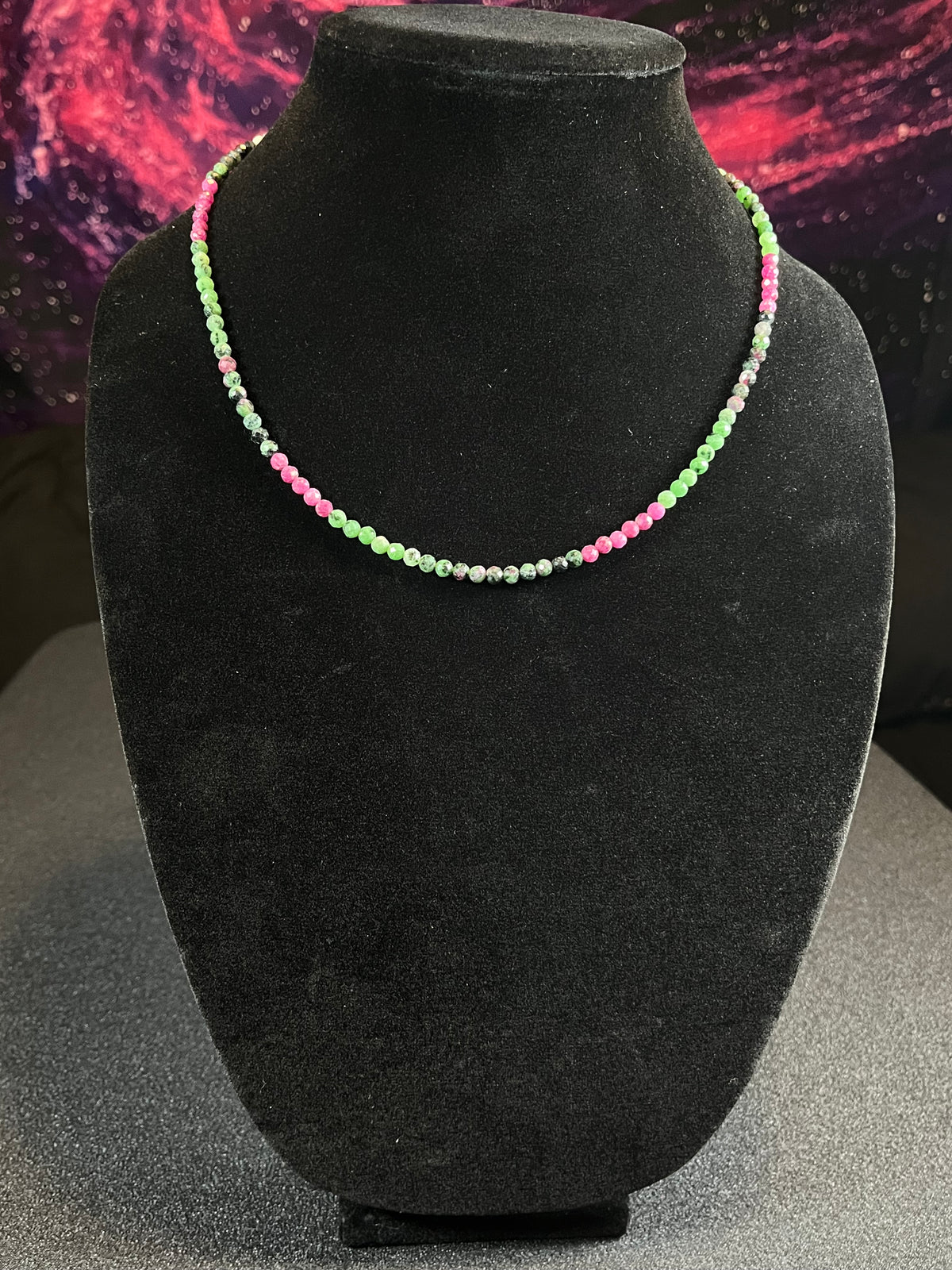 Ruby Zoisite ombre style faceted round 4mm bead 22” adjustable necklace w/ silver clasp & extension chain; traditional July birthstone (Ruby)