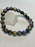 Czech Glass matte textured Jet Black Rainbow AB Fire Polished round 8mm bead stretch bracelet
