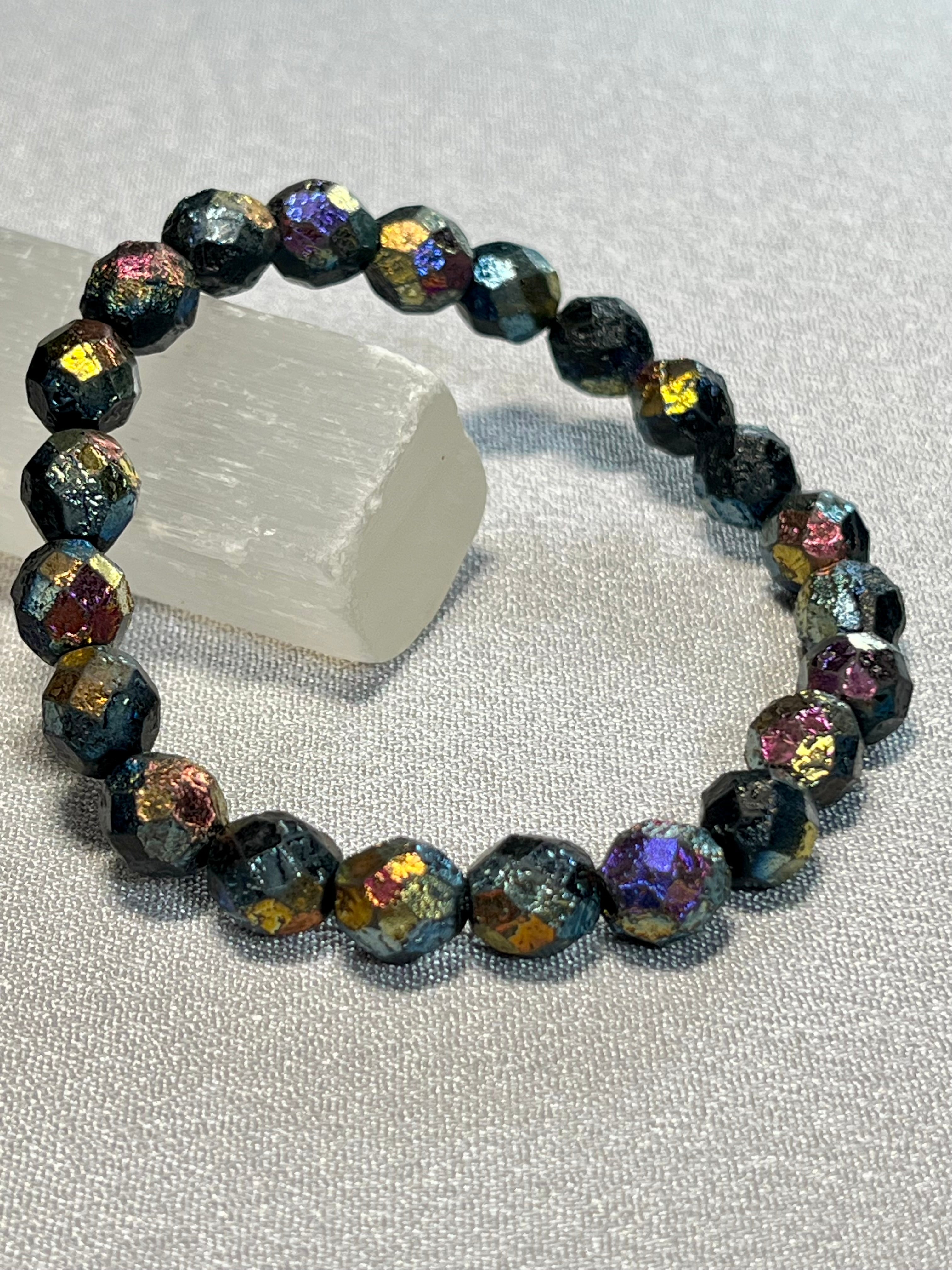 Czech Glass matte textured Jet Black Rainbow AB Fire Polished round 8mm bead stretch bracelet