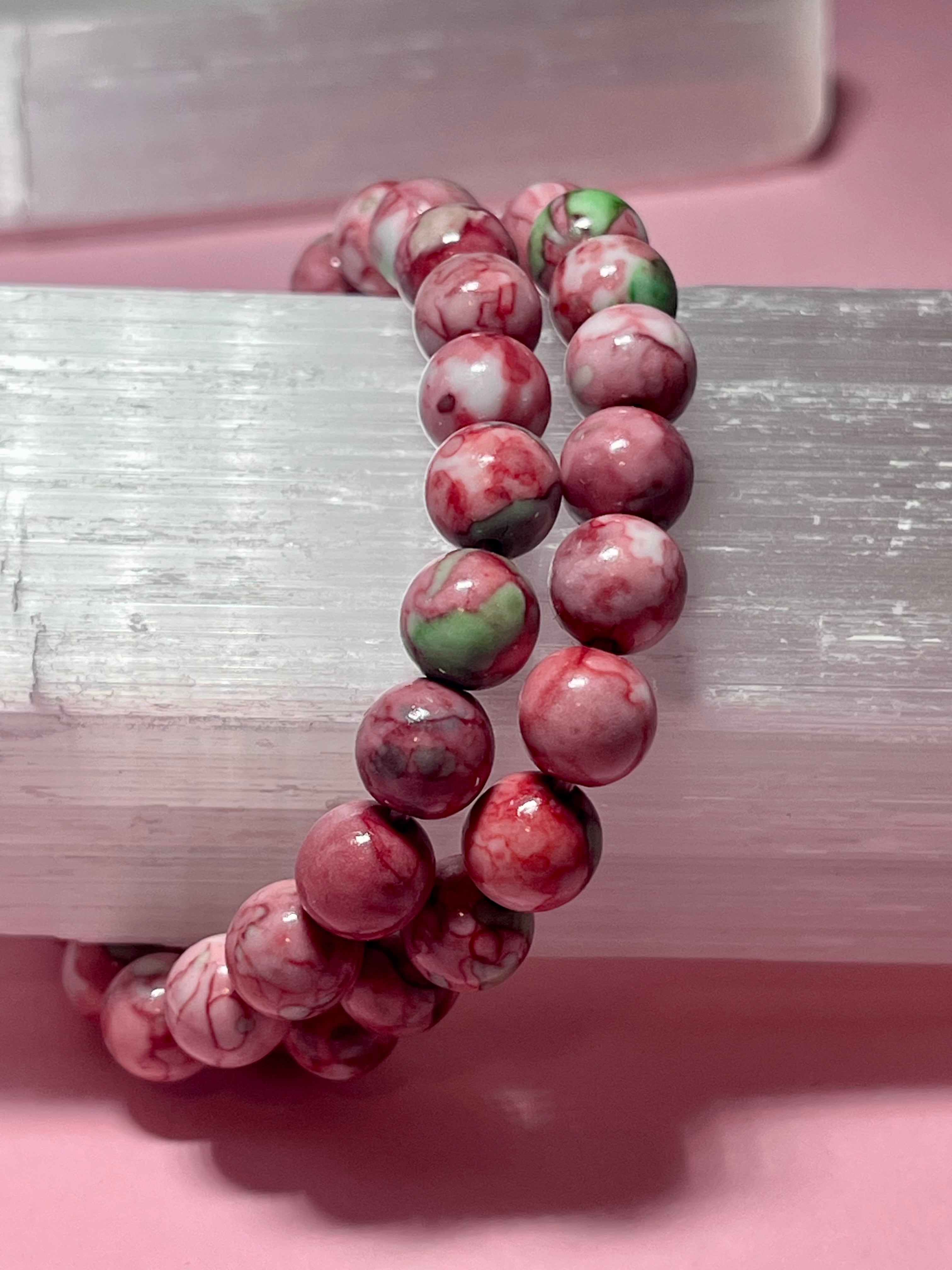 Rain Flower Rhyolite smooth round 8mm bead stretch bracelet (dyed)
