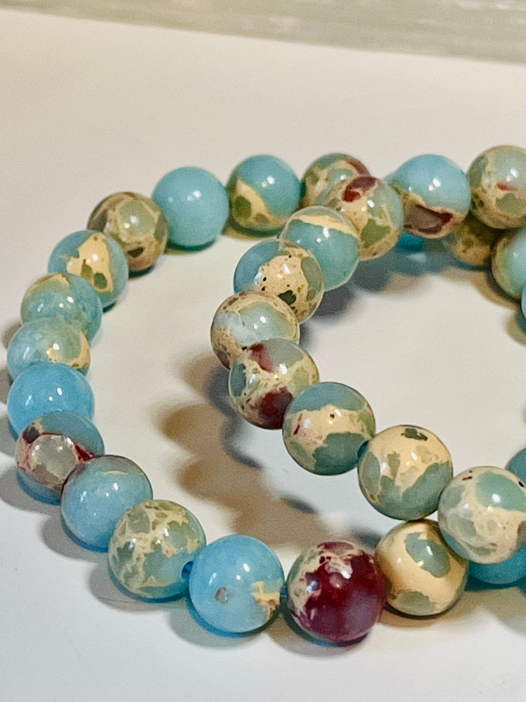 Icy Blue Aqua Terra Jasper smooth round 8mm bead stretch bracelet (dyed)