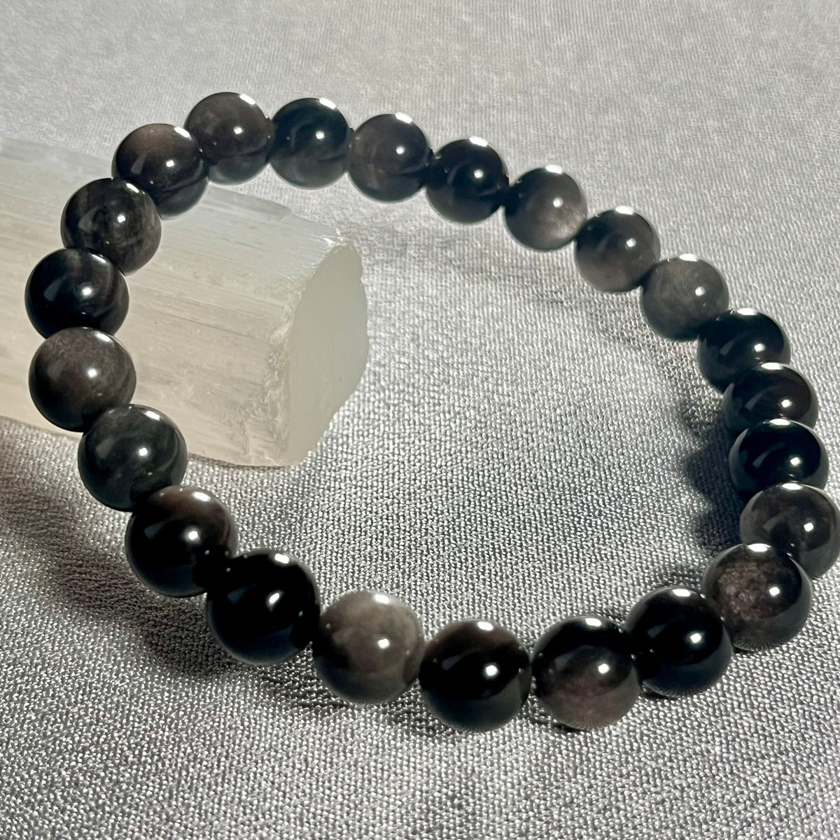 Silver Sheen Obsidian smooth round 8mm bead stretch bracelet