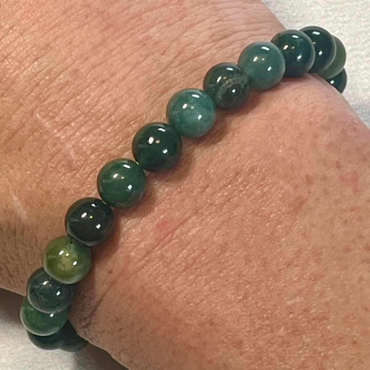 Moss Agate smooth round 4mm, 6.5mm and 8.5mm bead stretch bracelet