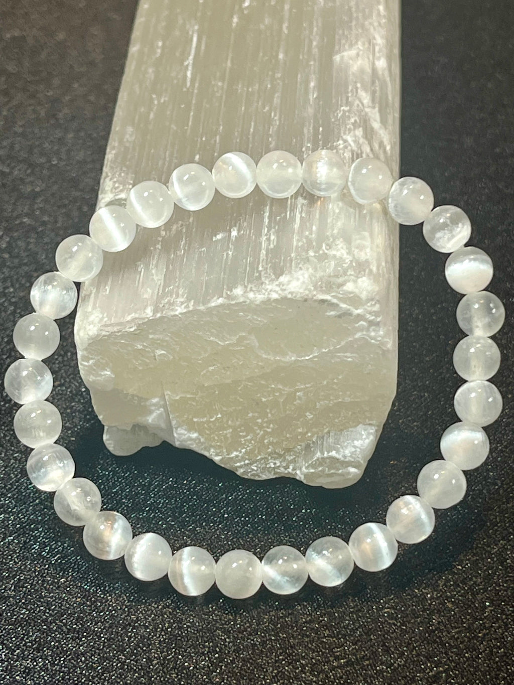 Satin Spar Selenite smooth round 6mm, 8mm bead stretch bracelet (premium grade)