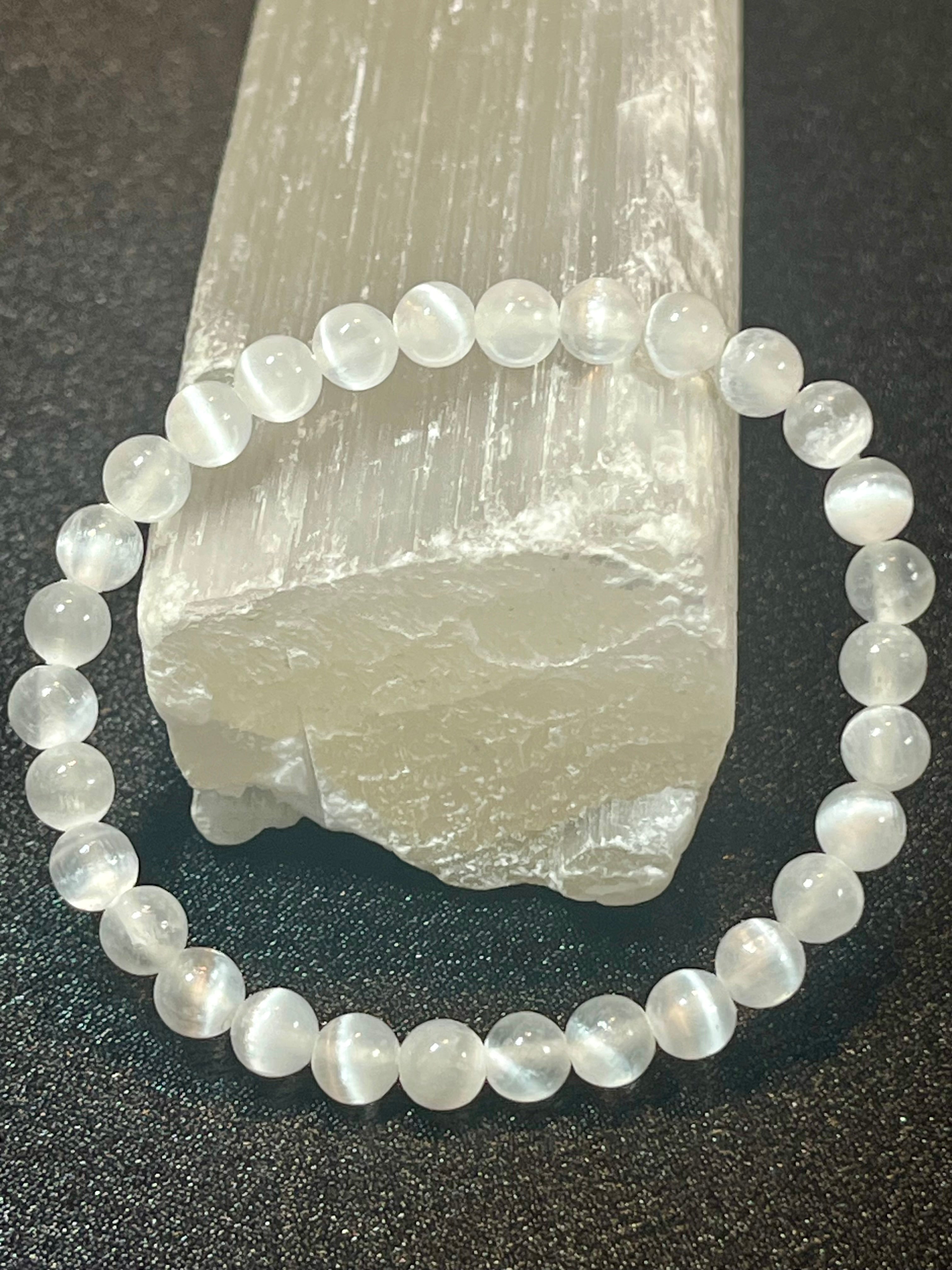 Satin Spar Selenite smooth round 6mm, 8mm bead stretch bracelet (premium grade)