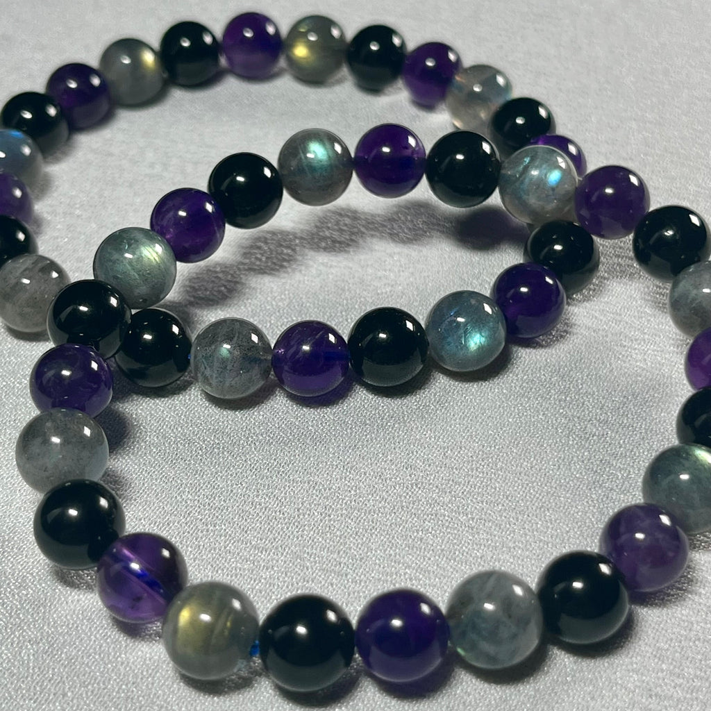 Amethyst-Black Tourmaline-Grey Labradorite smooth round 8mm bead bracelet