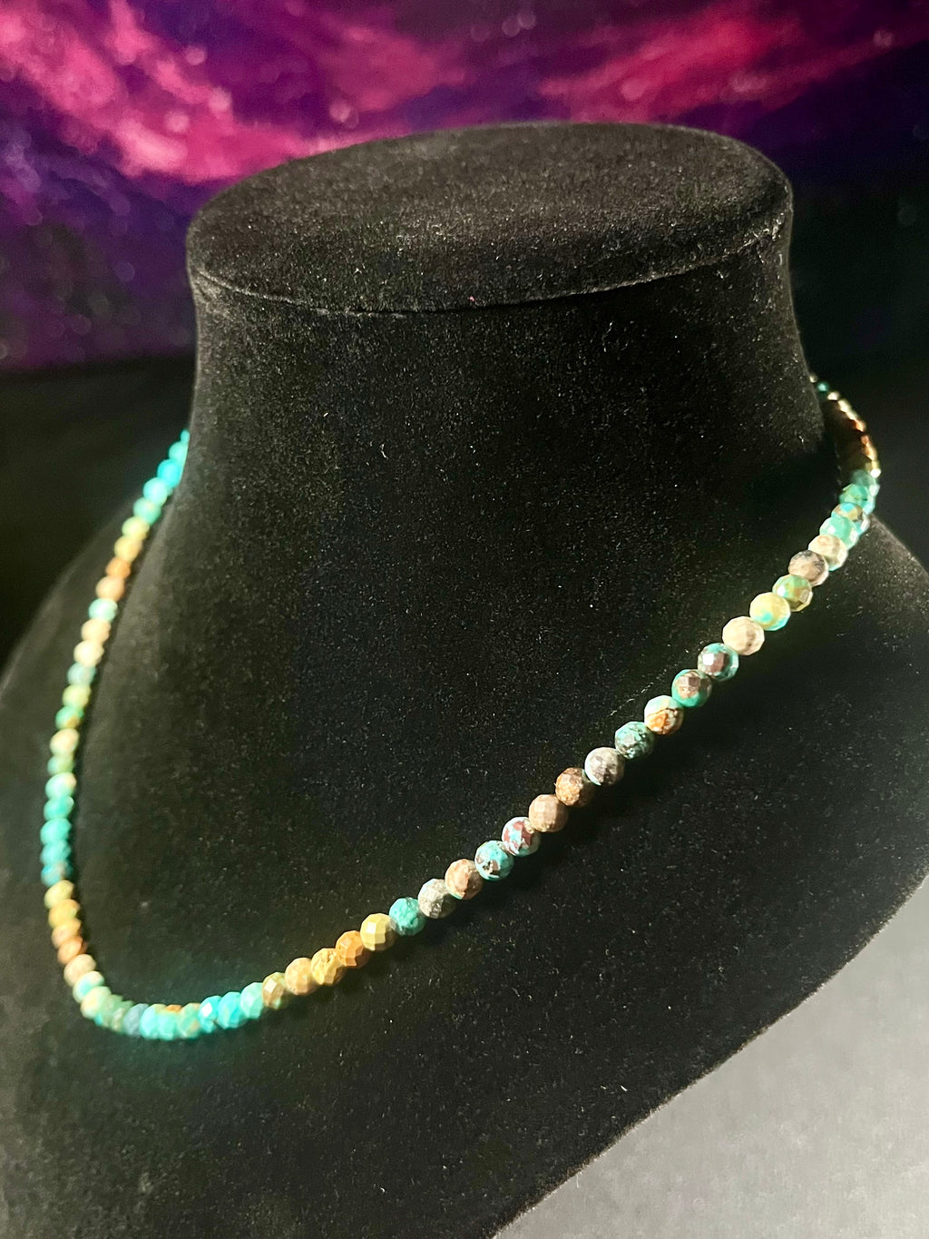 Turquoise gradient color style faceted round 5mm bead silver clasp 20” necklace; December birthstone