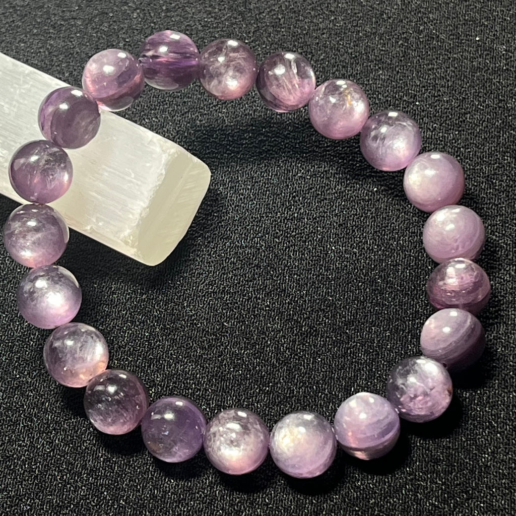 Lilac Lepidolite smooth round 9mm bead stretch bracelet