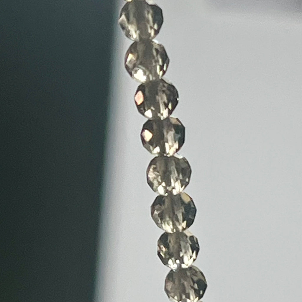 Smoky Quartz microfaceted round 3mm bead 22” adjustable necklace w/ silver clasp & extension chain premium grade)