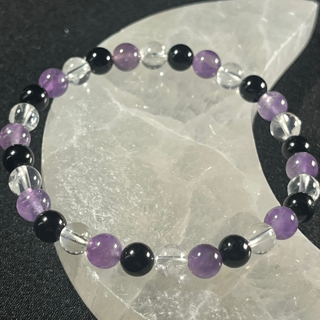 Amethyst, Black Tourmaline, & Rock Crystal Quartz smooth round 6mm bead stretch bracelet