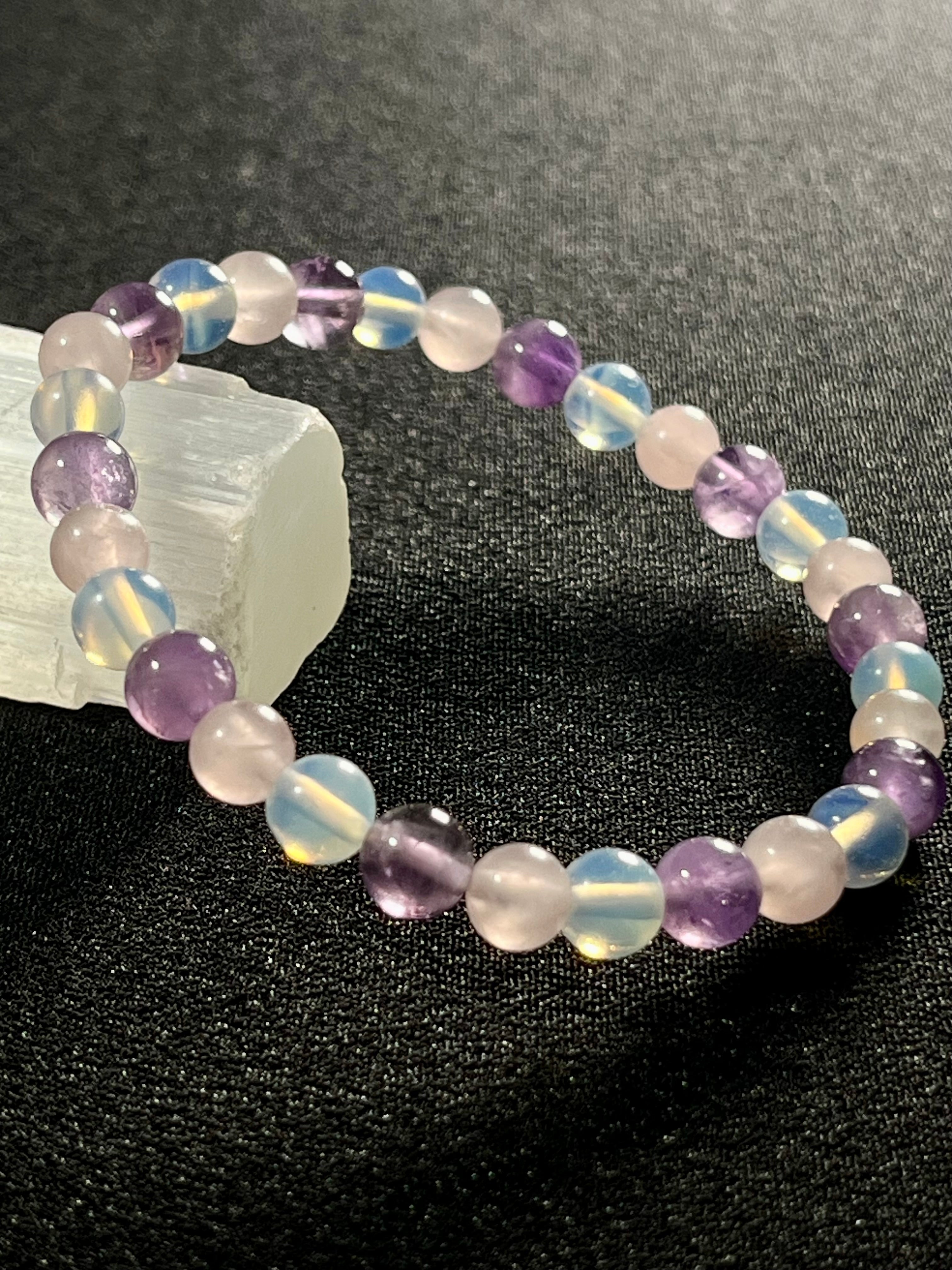 Rose Quartz, Amethyst, Opalite smooth round 6mm and 8mm bead stretch bracelet