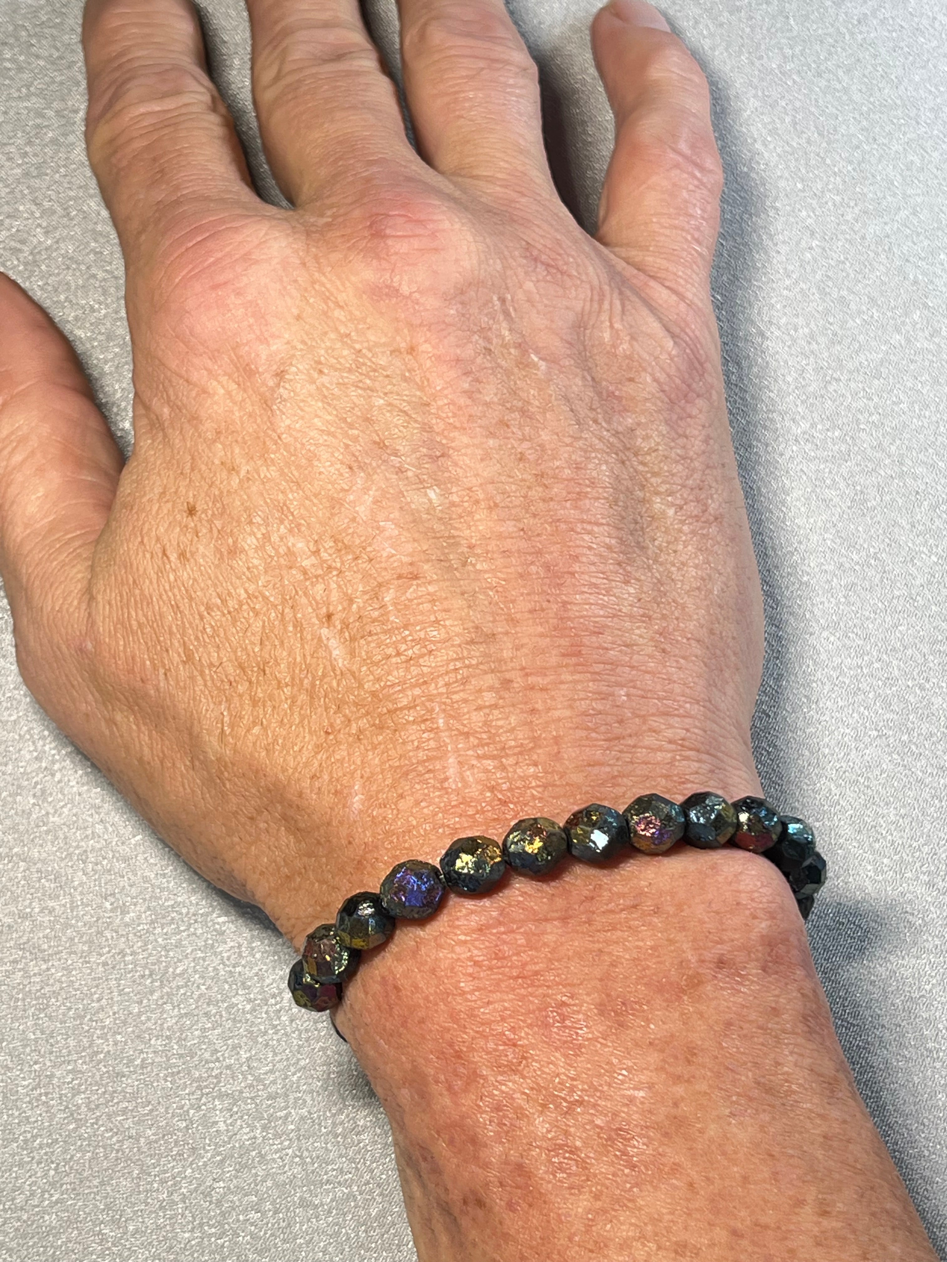Czech Glass matte textured Jet Black Rainbow AB Fire Polished round 8mm bead stretch bracelet