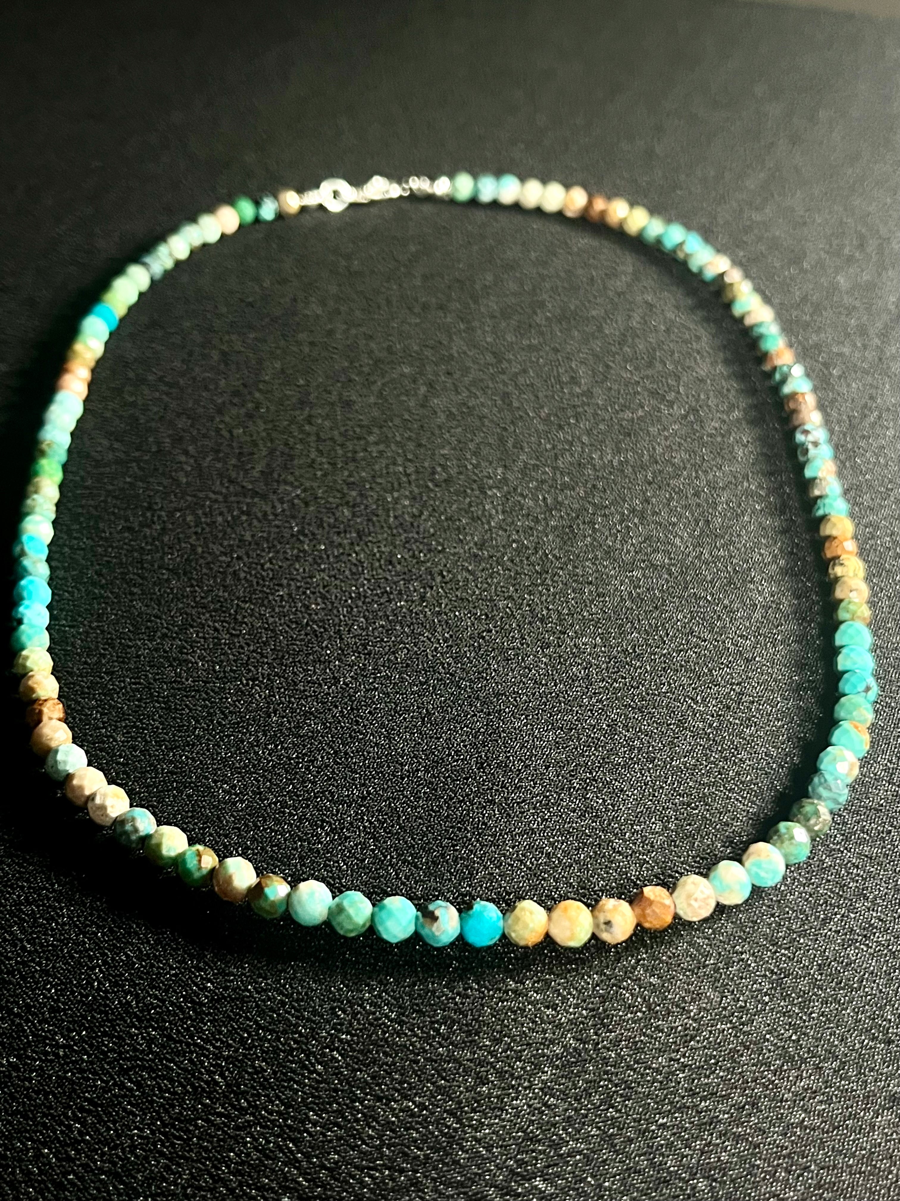 Turquoise gradient color style faceted round 5mm bead silver clasp necklace; December birthstone
