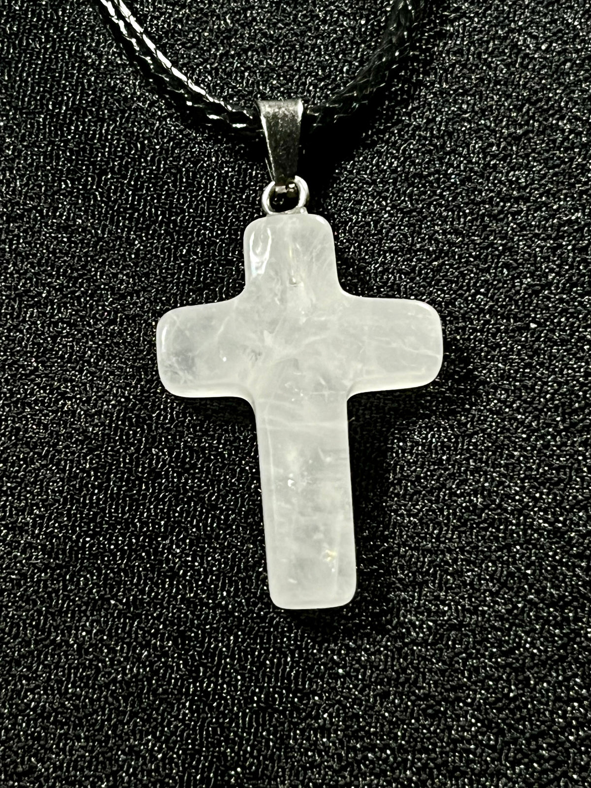 Christian gemstone cross adjustable necklaces w/ 19 1/2” black waxed necklace cord - Howlite, Carnelian Agate, Tiger’s Eye, Rose Quartz, Opalite, Unakite, and Clear Crystal Quartz