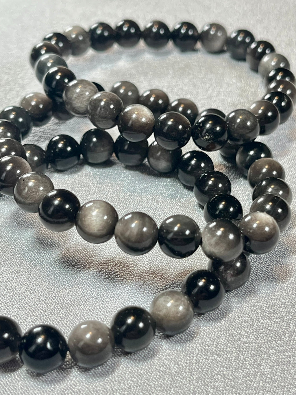 Silver Sheen Obsidian smooth round 8mm bead stretch bracelet
