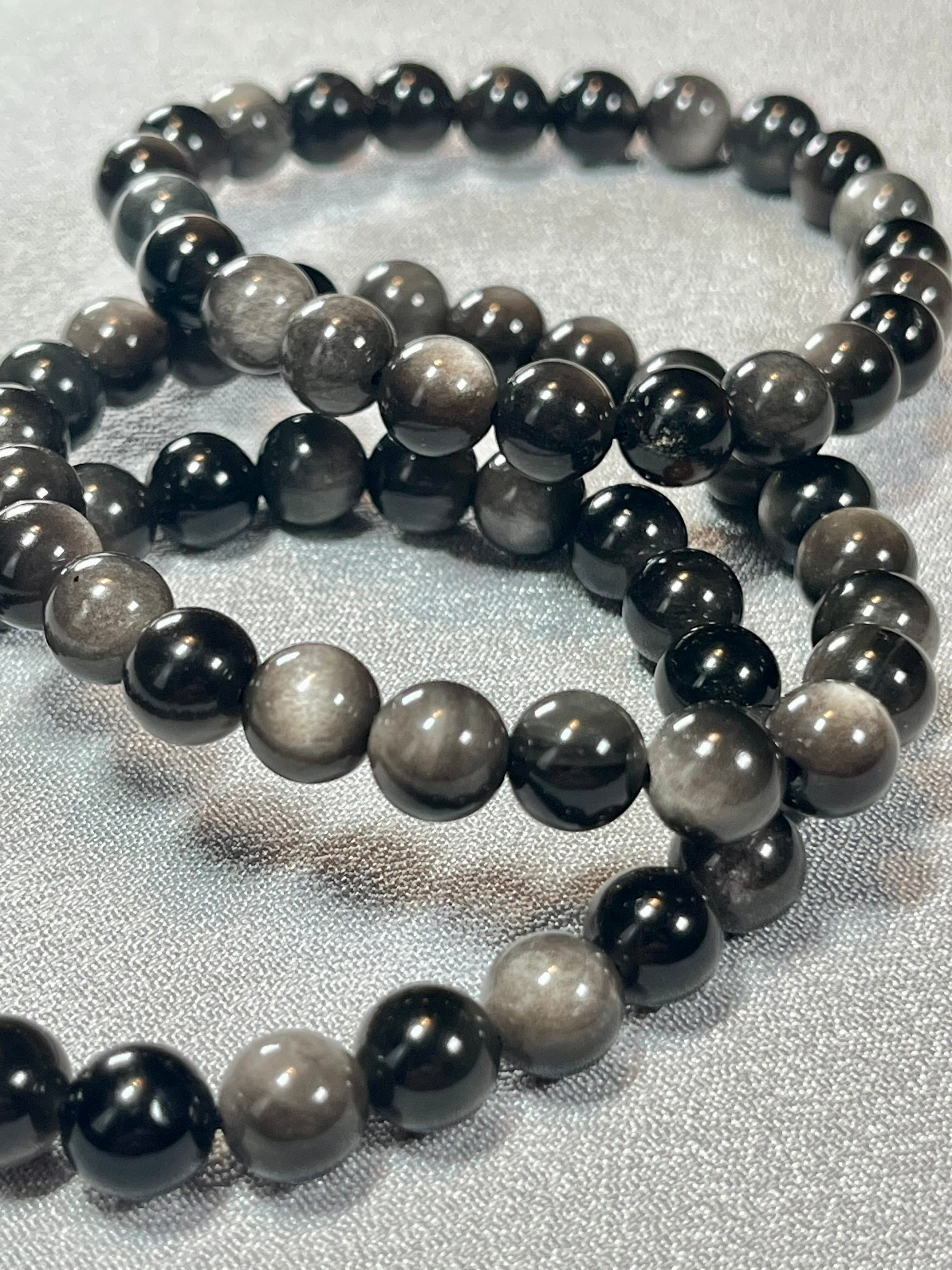 Silver Sheen Obsidian smooth round 8mm bead stretch bracelet