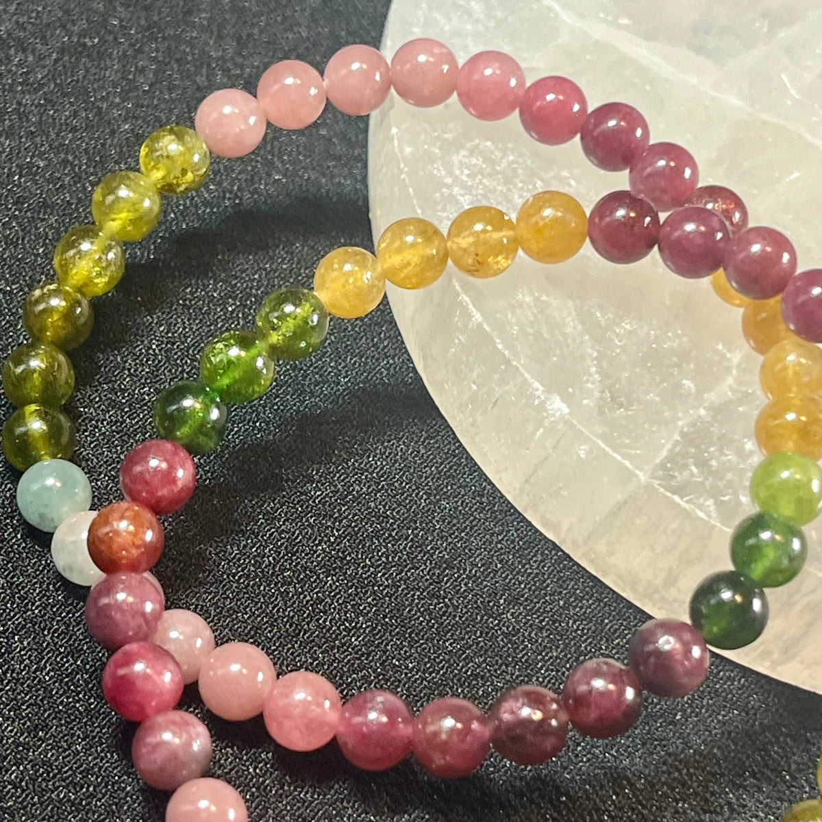 High-quality Multi-Tourmaline ombre-style smooth round 6mm bead stretch bracelet