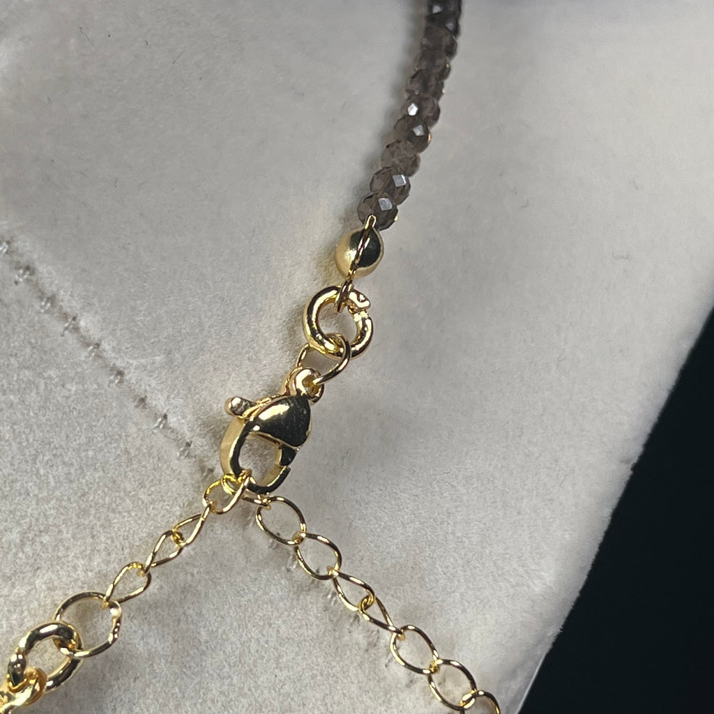 Smoky Quartz microfaceted round 3mm bead 22” adjustable necklace w/ silver clasp & extension chain premium grade)