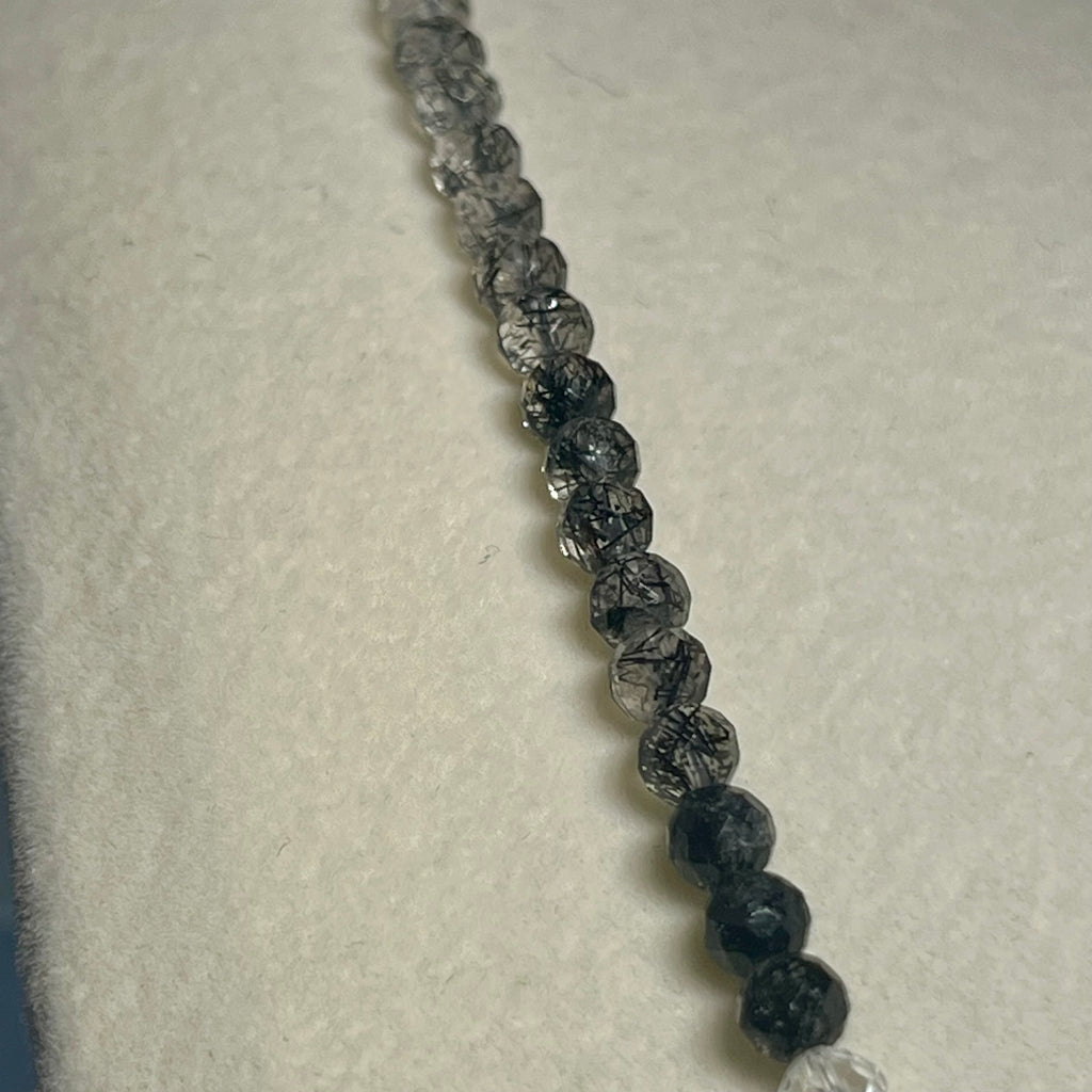 Black Tourmalated Quartz gradient color microfaceted round 4.5mm bead 22” adjustable necklace w/ silver clasp & chain