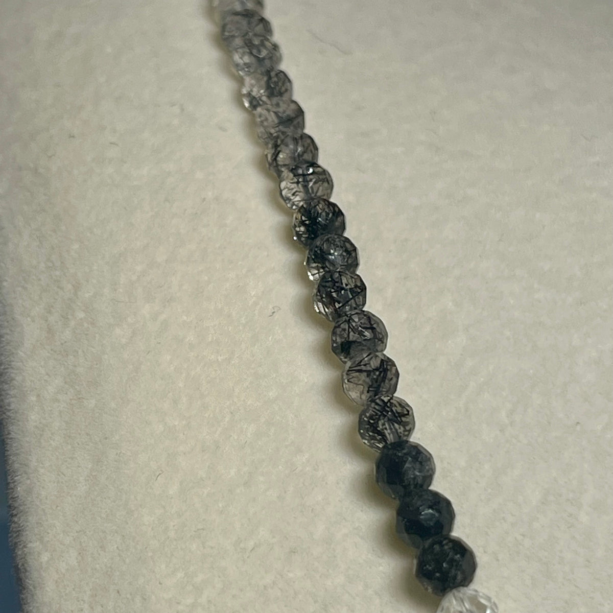 Black Tourmalated Quartz gradient color microfaceted round 4.5mm bead 22” adjustable necklace w/ silver clasp & chain
