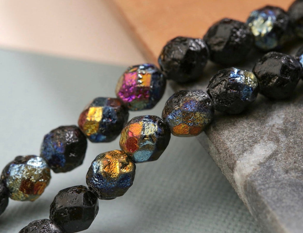 Czech Glass matte textured Jet Black Rainbow AB Fire Polished round 8mm bead stretch bracelet
