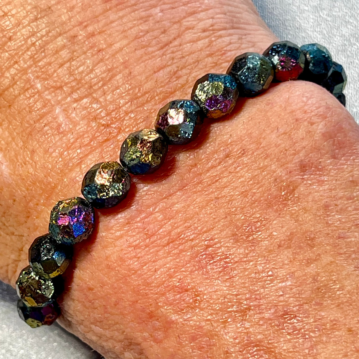 Czech Glass matte textured Jet Black Rainbow AB Fire Polished round 8mm bead stretch bracelet
