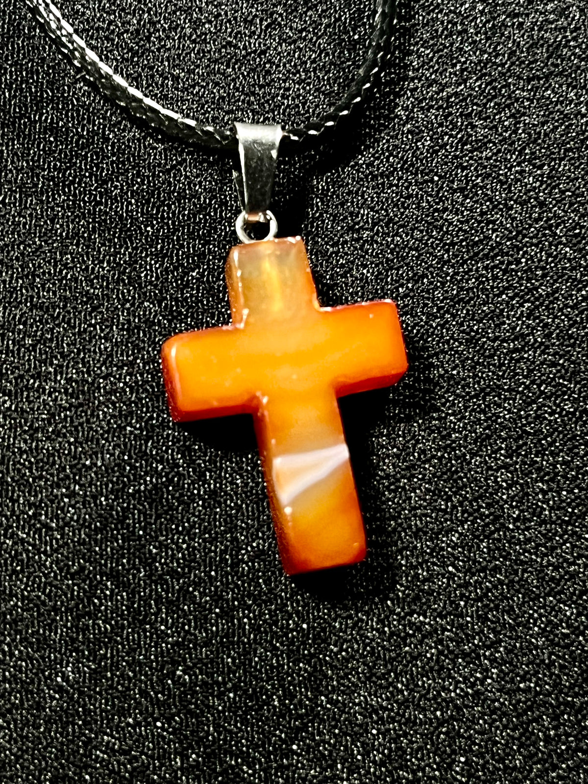 Christian gemstone cross adjustable necklaces w/ 19 1/2” black waxed necklace cord - Howlite, Carnelian Agate, Tiger’s Eye, Rose Quartz, Opalite, Unakite, and Clear Crystal Quartz