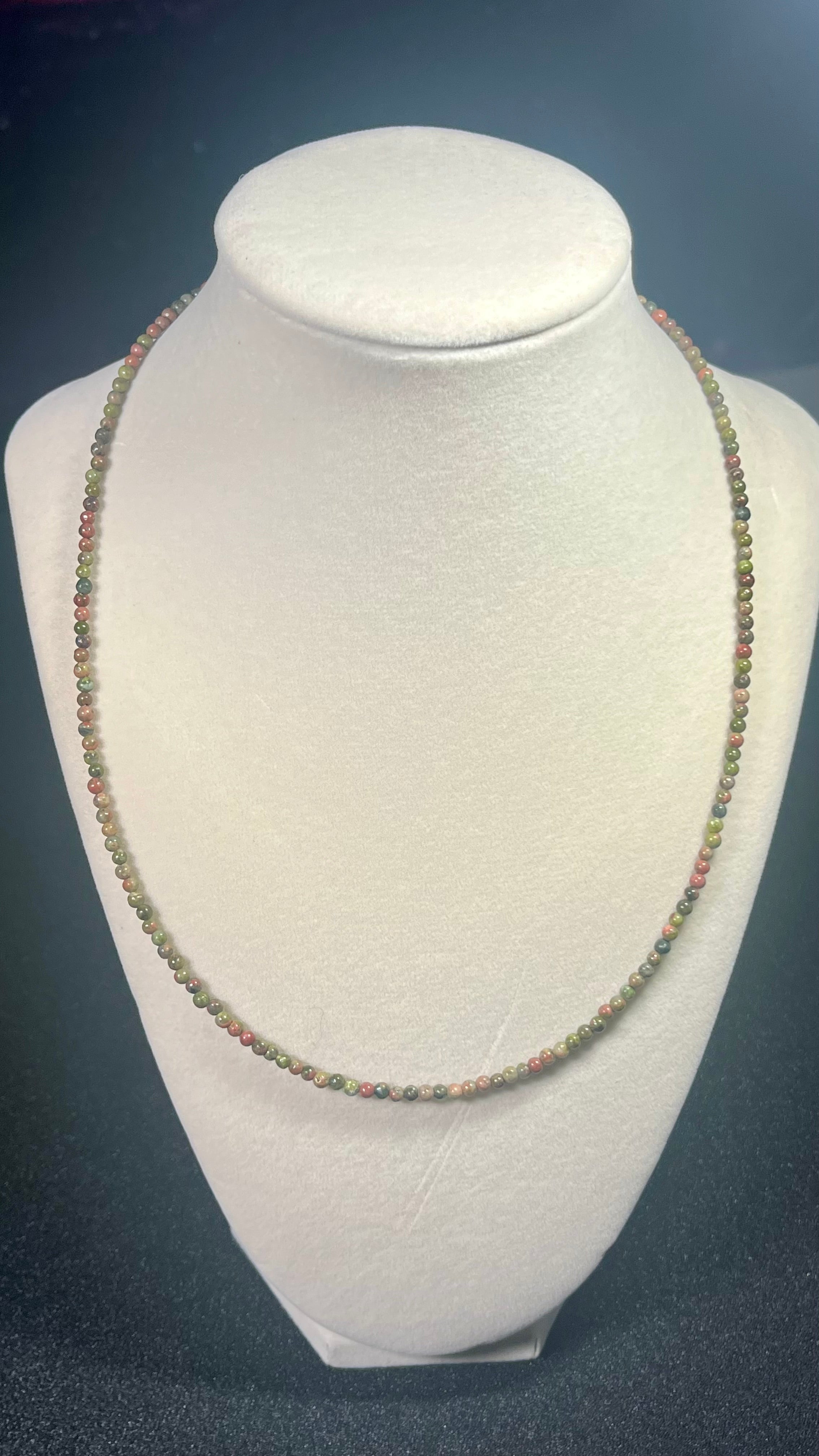 Unakite smooth round 3mm bead necklace w/ clasp