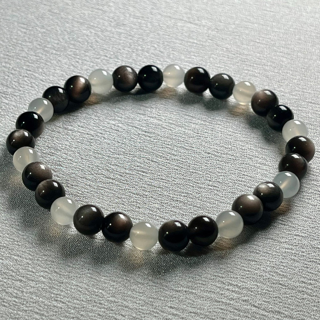 High-quality Silver Sheen Obsidian & White Moonstone smooth round 6mm bead stretch bracelet