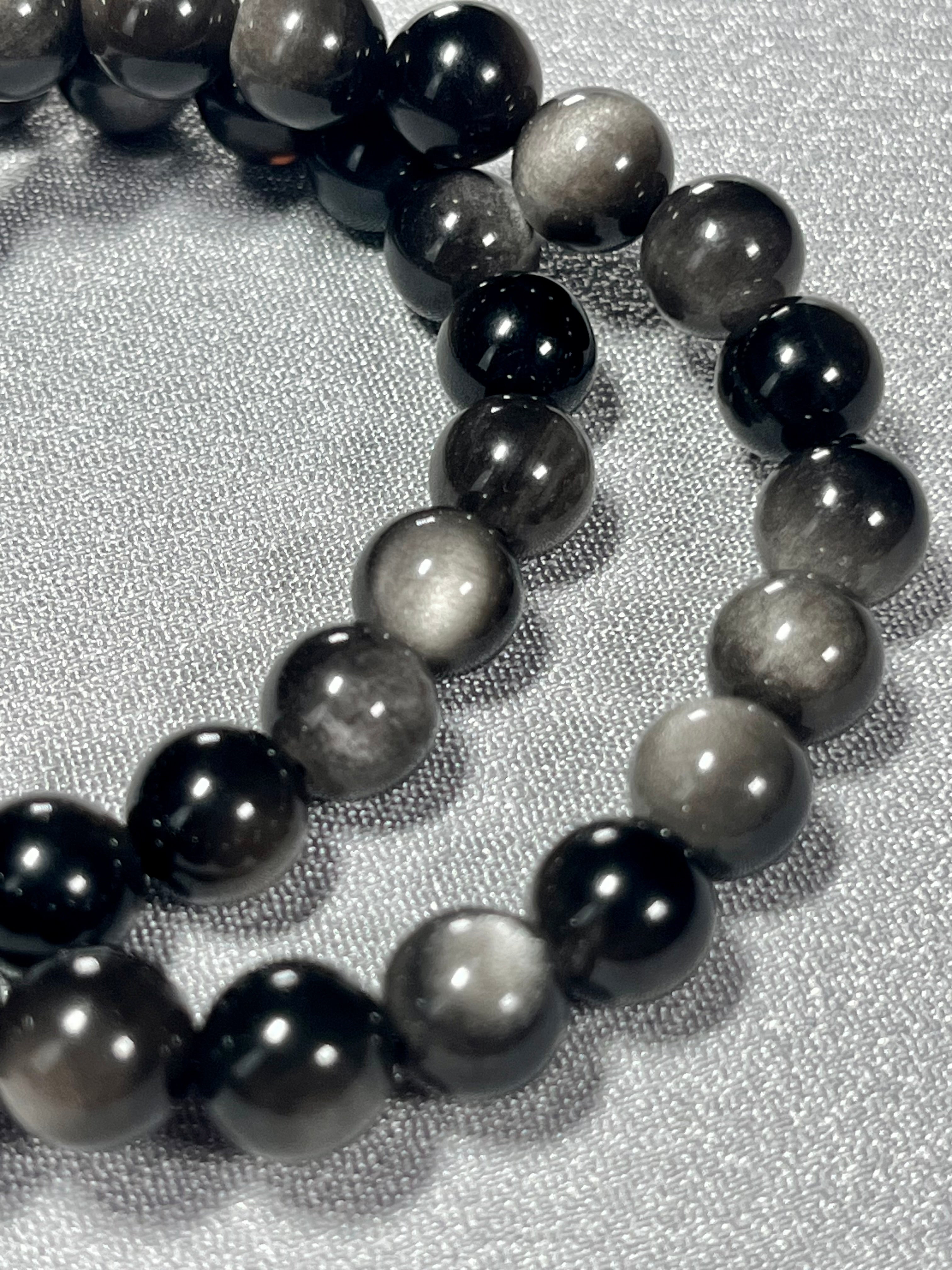 Silver Sheen Obsidian smooth round 8mm bead stretch bracelet